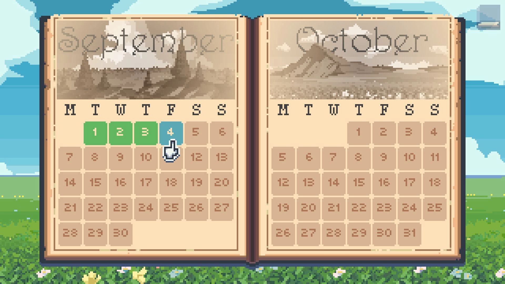 Outpacked: Open book calendar with September and October grids, cursor selecting day 4 over meadow backdrop.