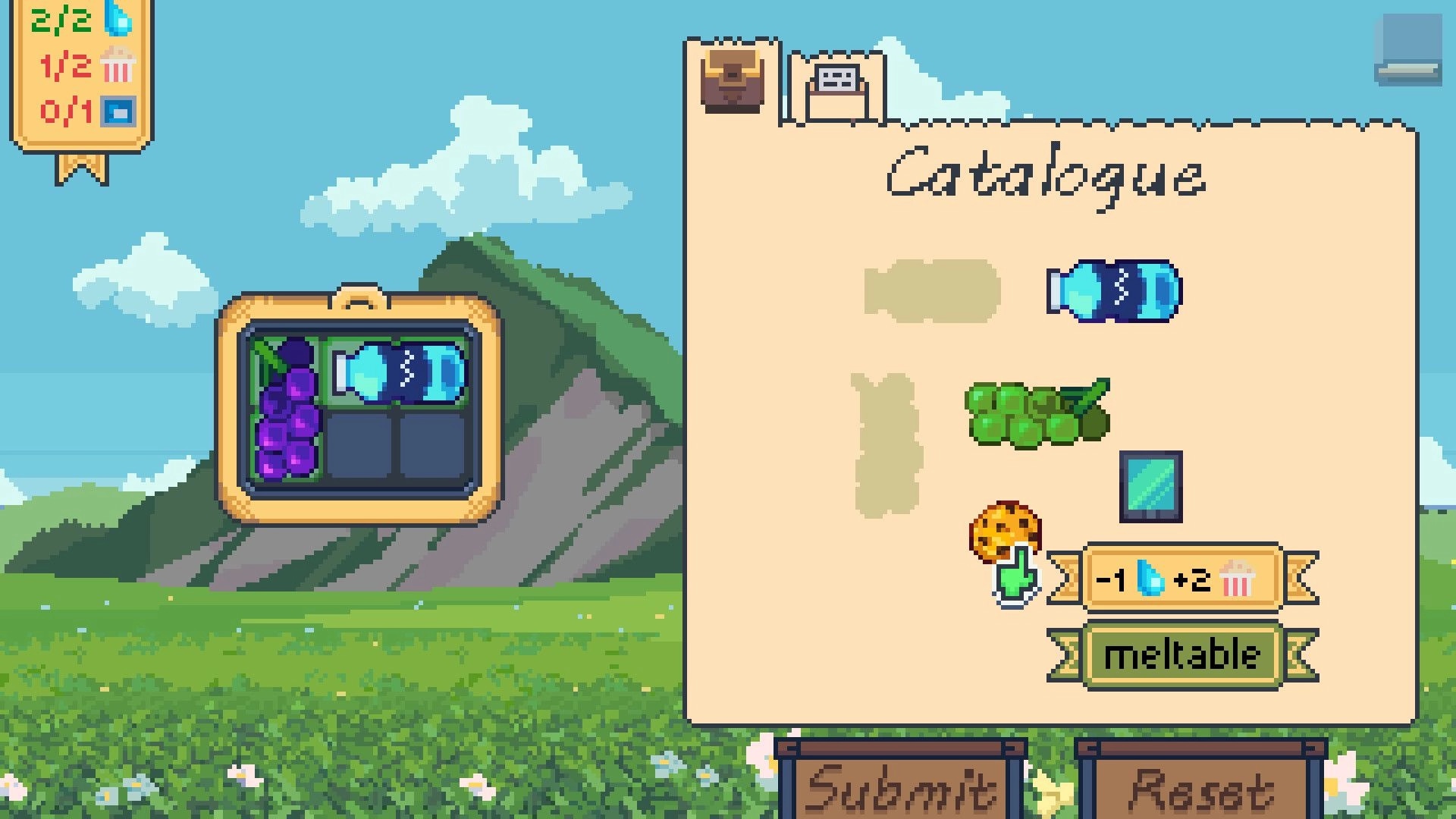 Outpacked: Packing grapes and a water bottle in a suitcase beside a catalogue panel over grassy hills.