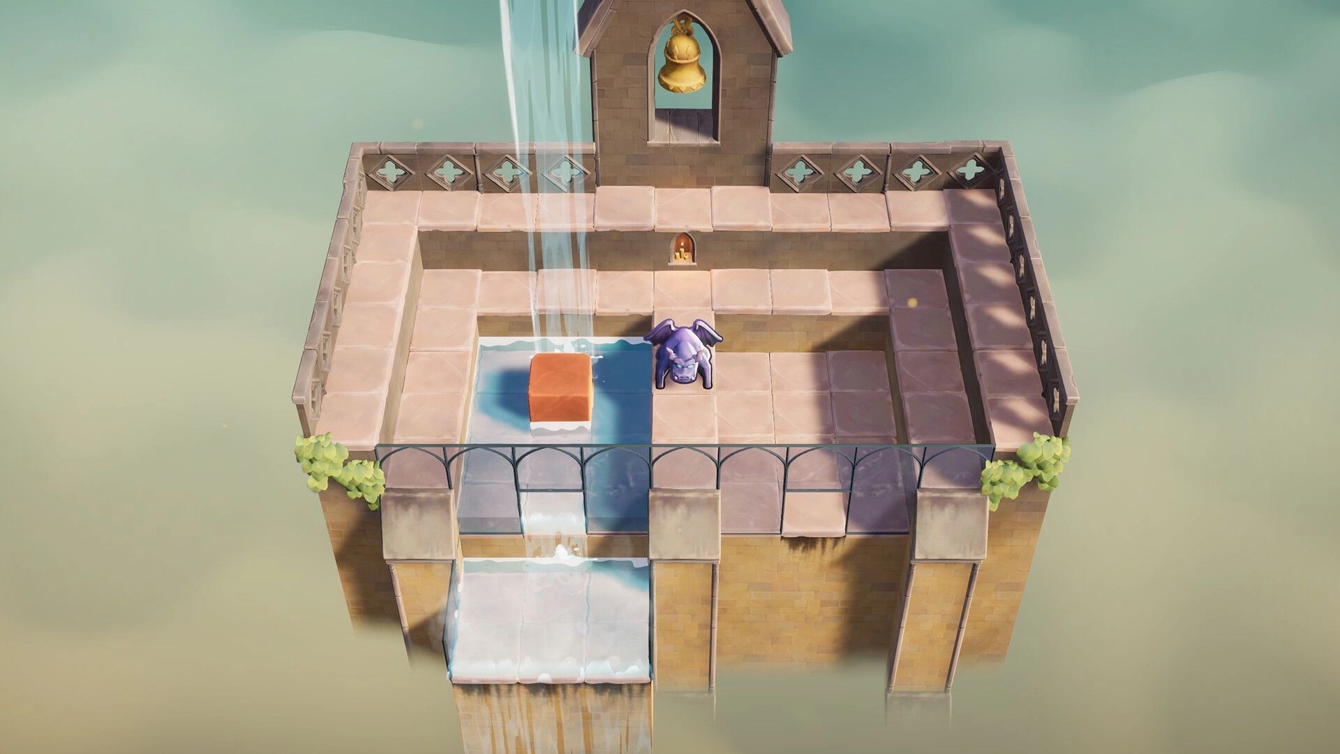Outpour: Purple gargoyle stands by a water channel and cube block on a rooftop bell tower platform.