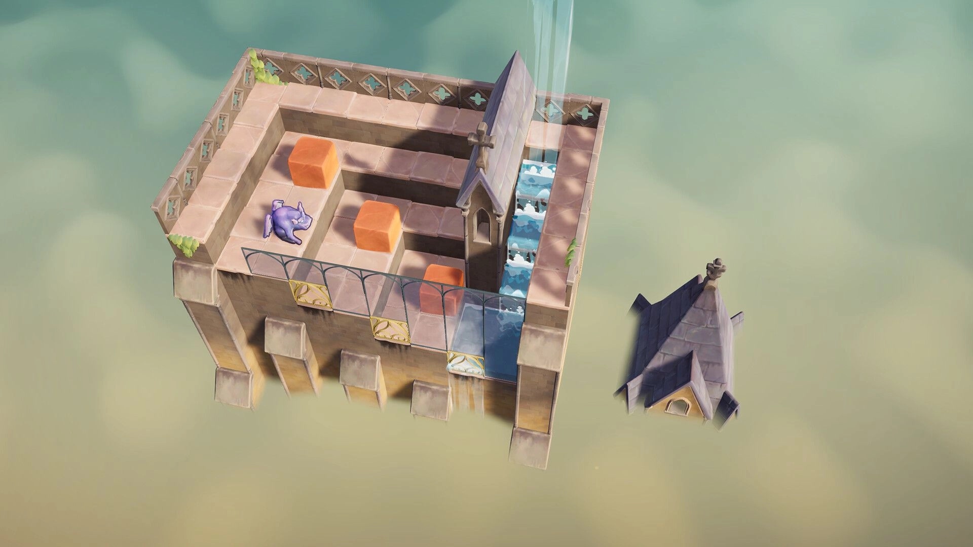 Outpour: Purple elephant statue amid orange blocks beside water channel on floating rooftop maze.