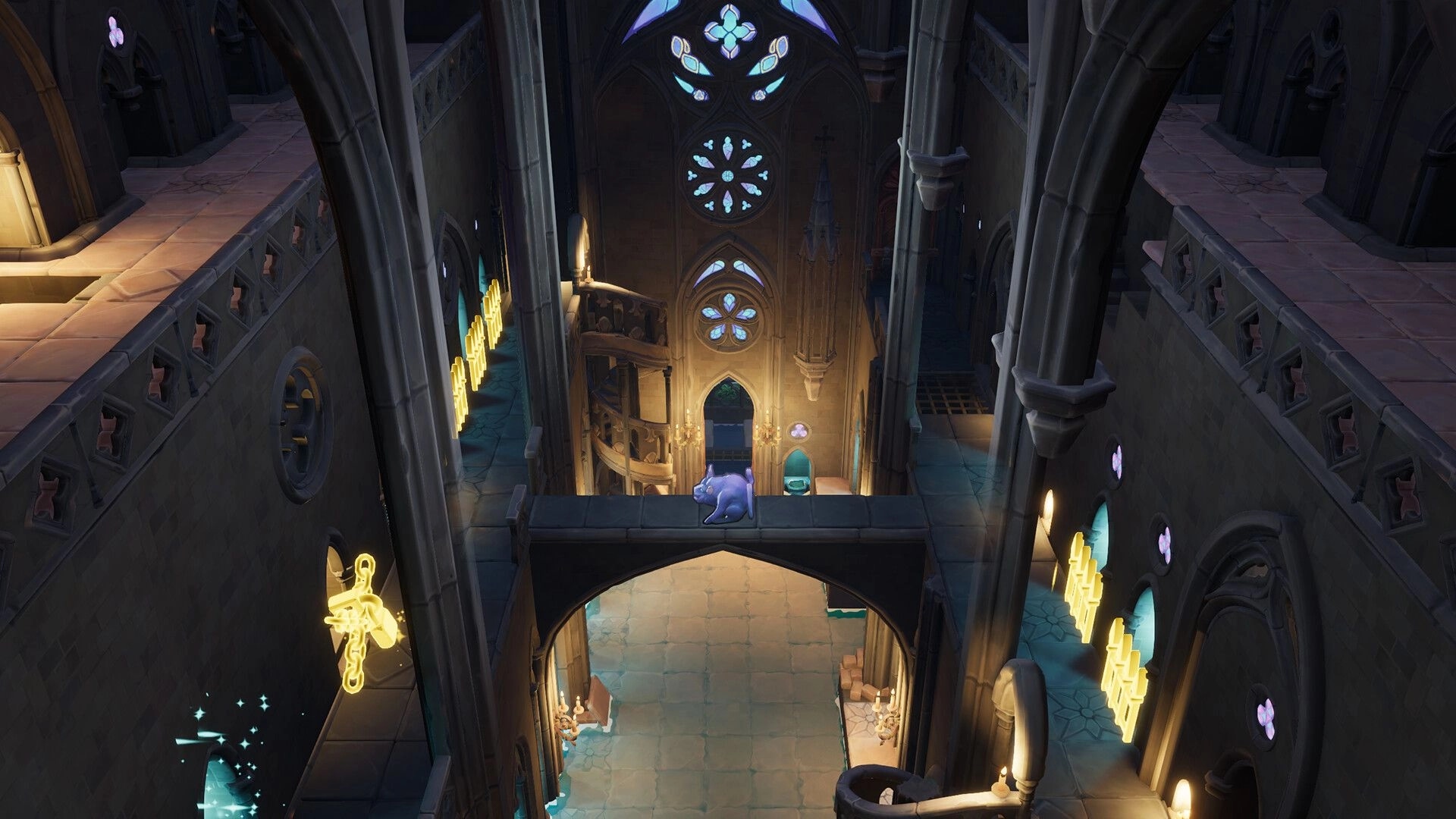 Outpour: Purple cat-like figure on a stone bridge inside a cathedral hall with stained glass windows.