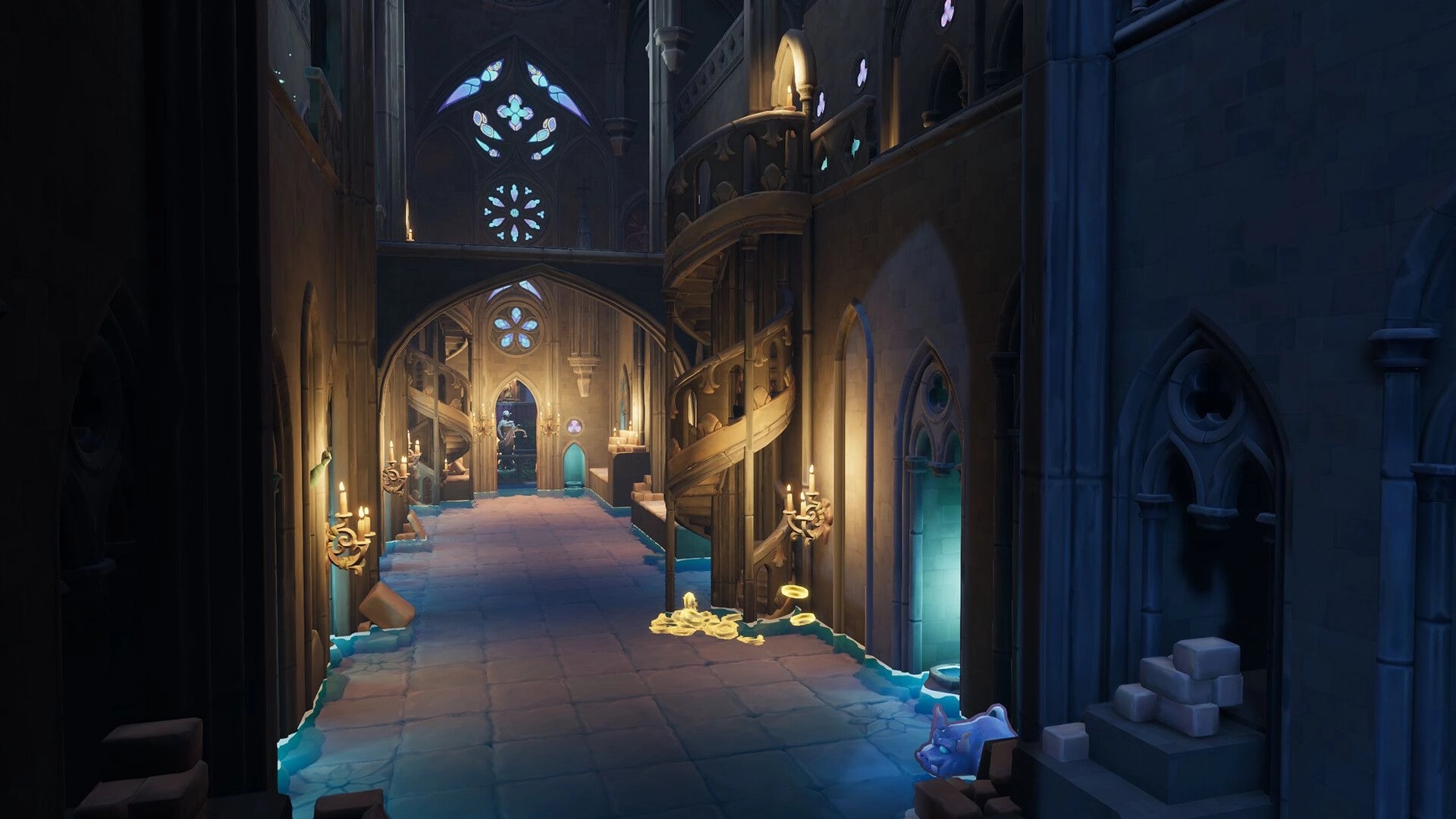 Outpour: Water pooling along stone corridor with spiral stairs and stained-glass cathedral interior.