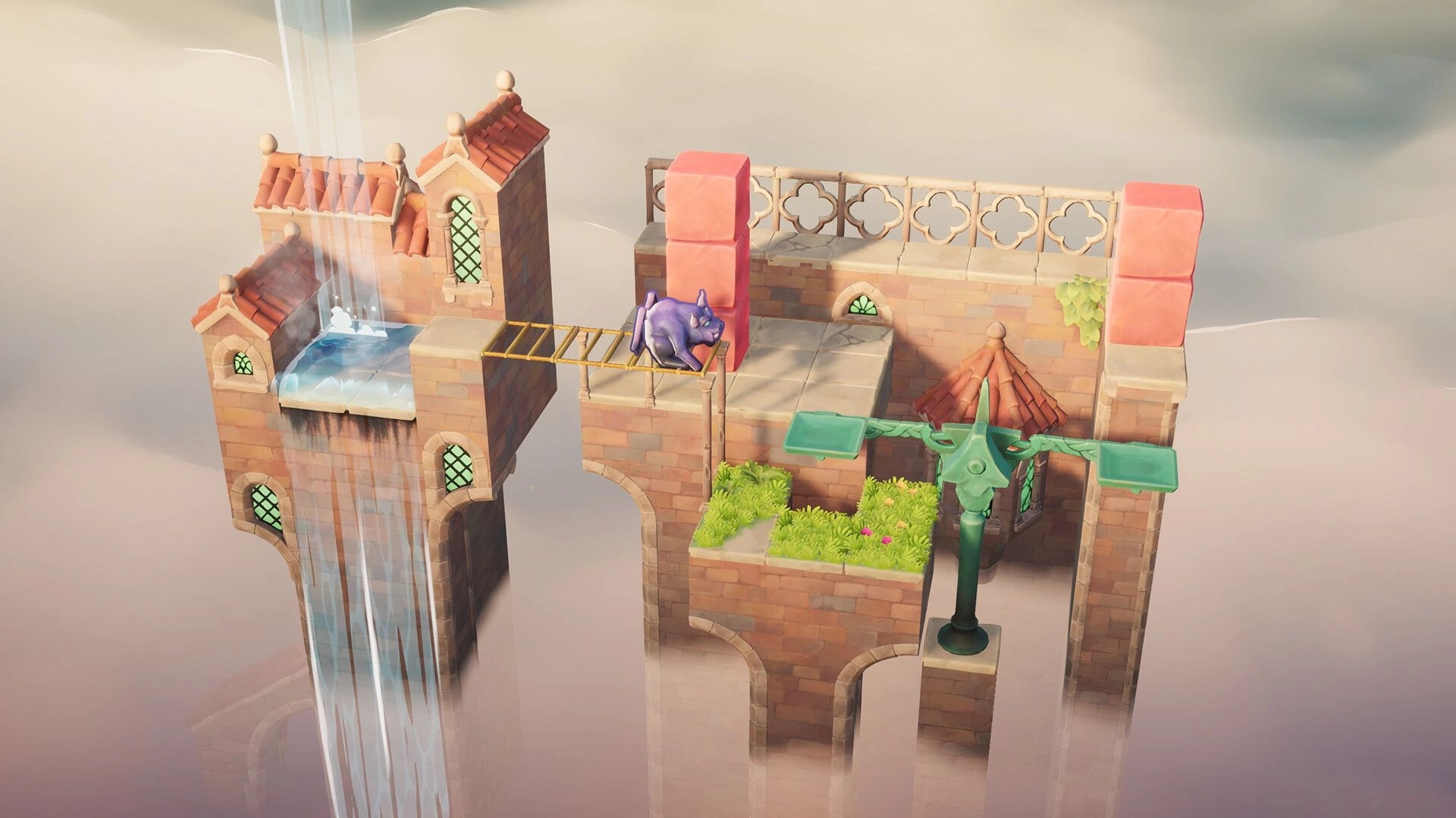 Outpour: Waterfall pool and purple cat on bridge beside red blocks on floating rooftop ruins.