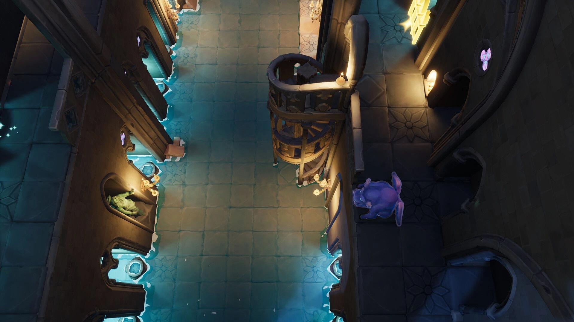 Outpour: Purple creature waits by a spiral stair as water channels through candlelit cathedral halls.