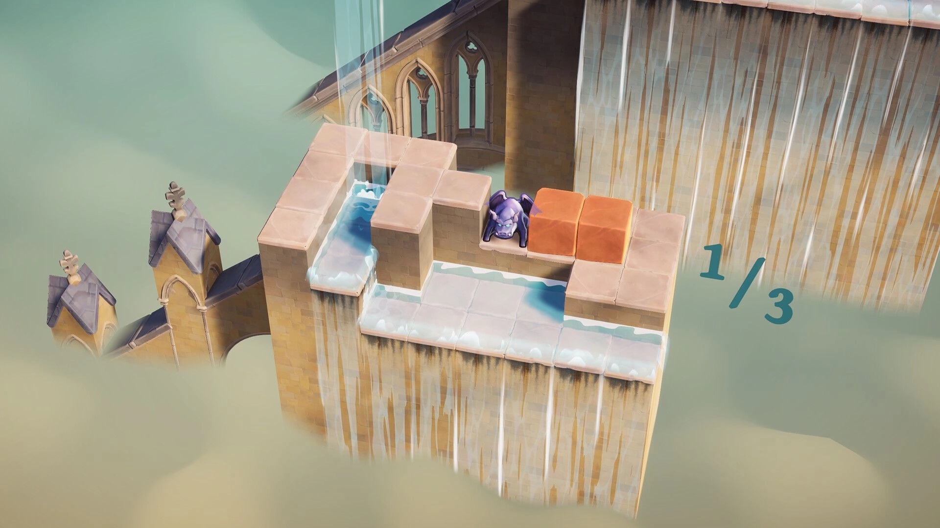 Outpour: Water flows over tiled ledges past a purple gargoyle and orange blocks on a rooftop, 1/3 UI.