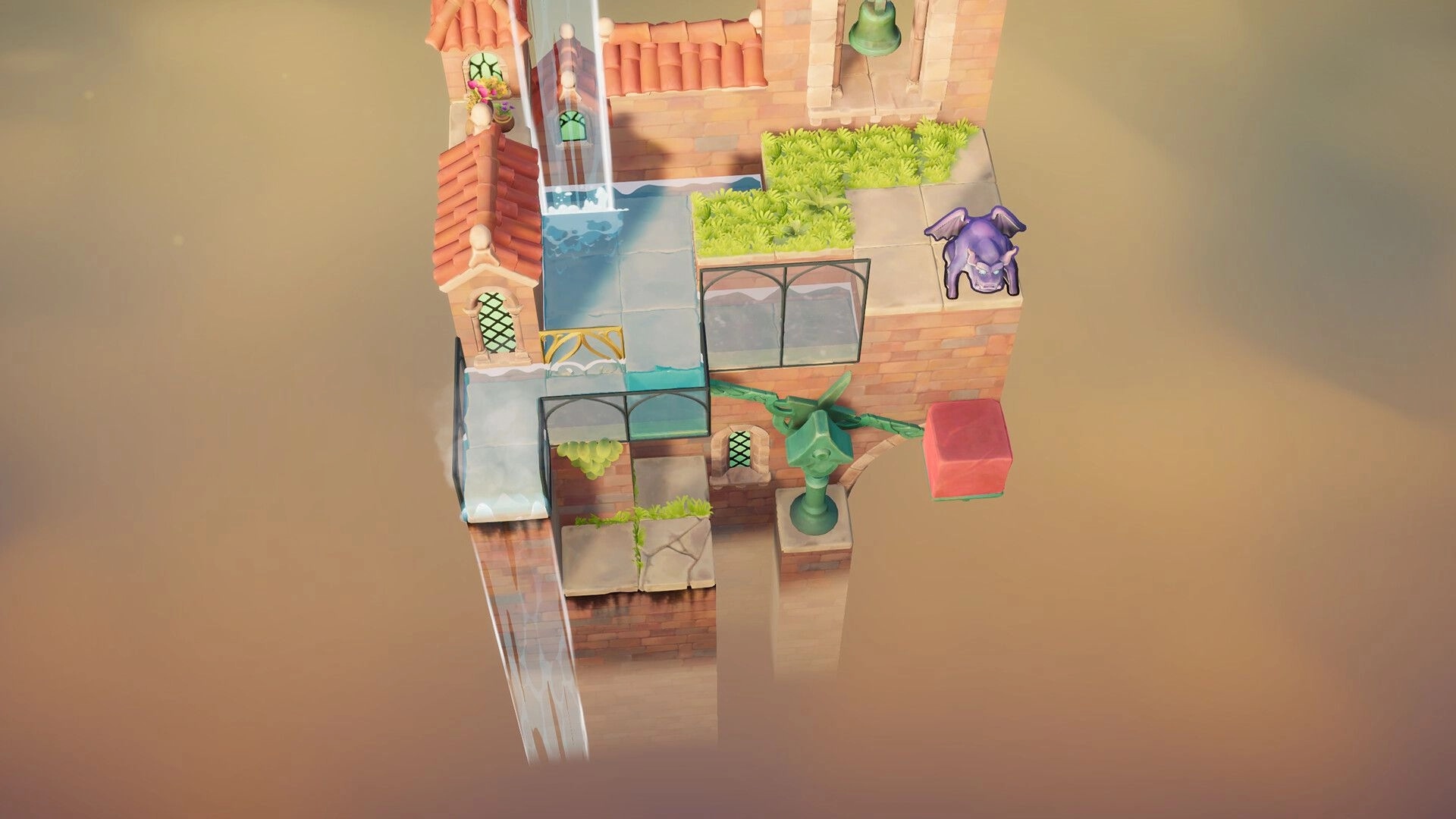 Outpour: Redirecting water across tiled rooftop channels near a purple gargoyle on floating ruins.