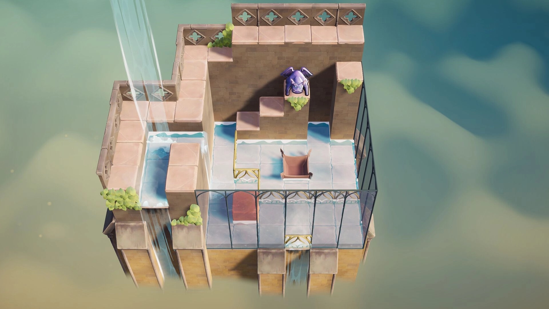 Outpour: Water channels around tiled rooftop puzzle with glass railings and a purple creature perched above.