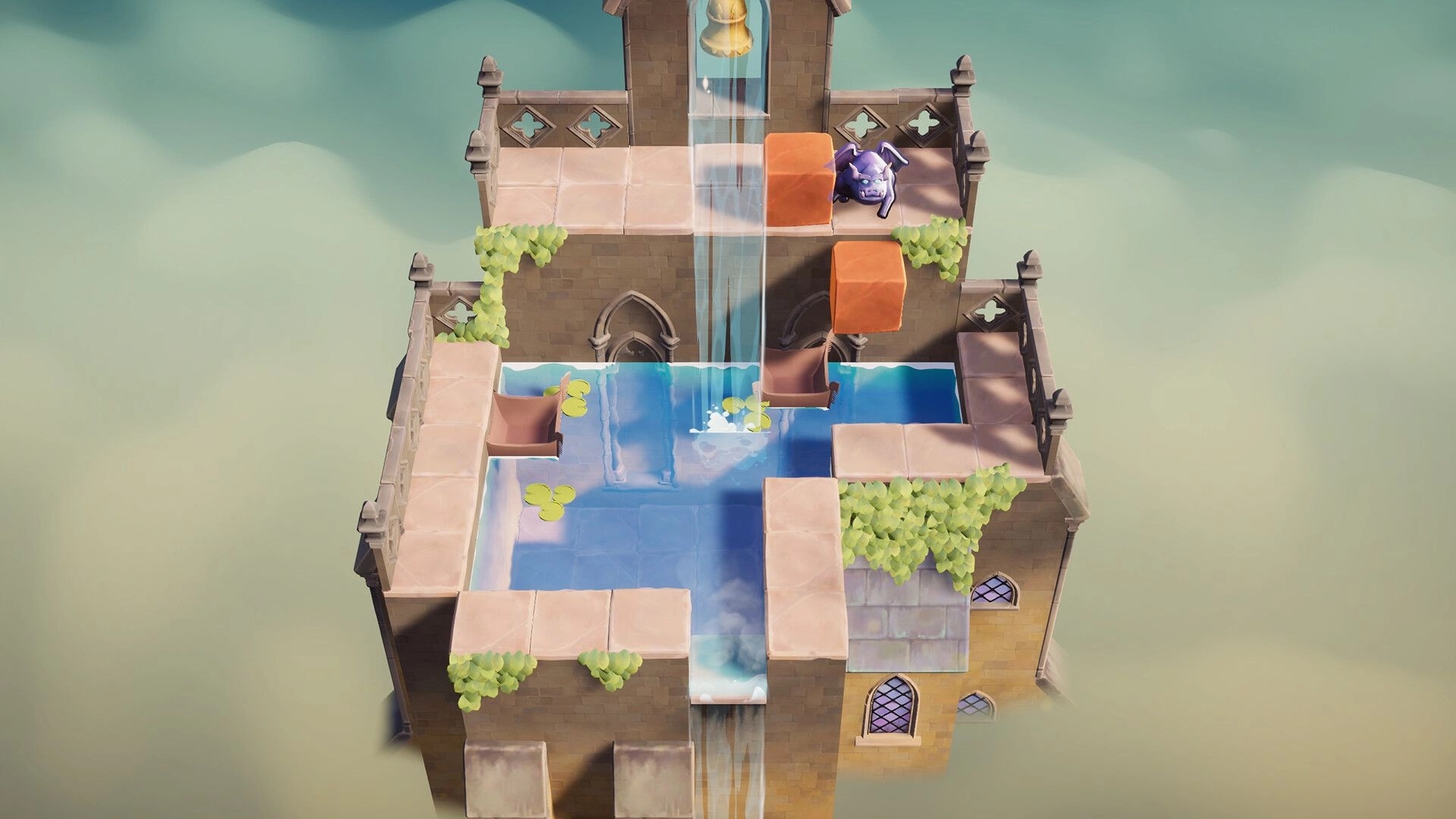 Outpour: Redirecting a waterfall into a rooftop pool with movable blocks and a purple creature above.