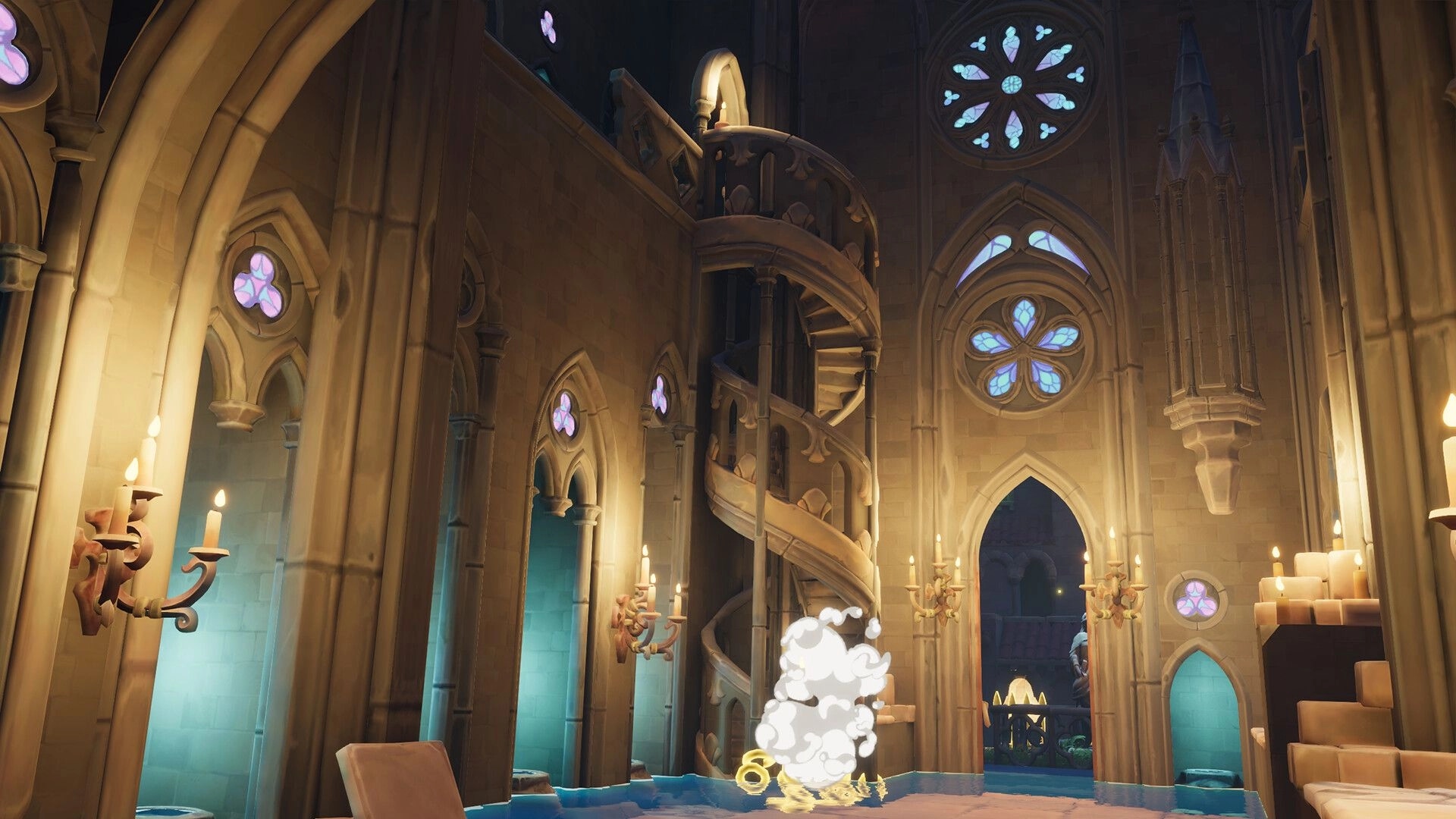 Outpour: Water bursts from a golden spout in a candlelit cathedral hall with spiral stairs.