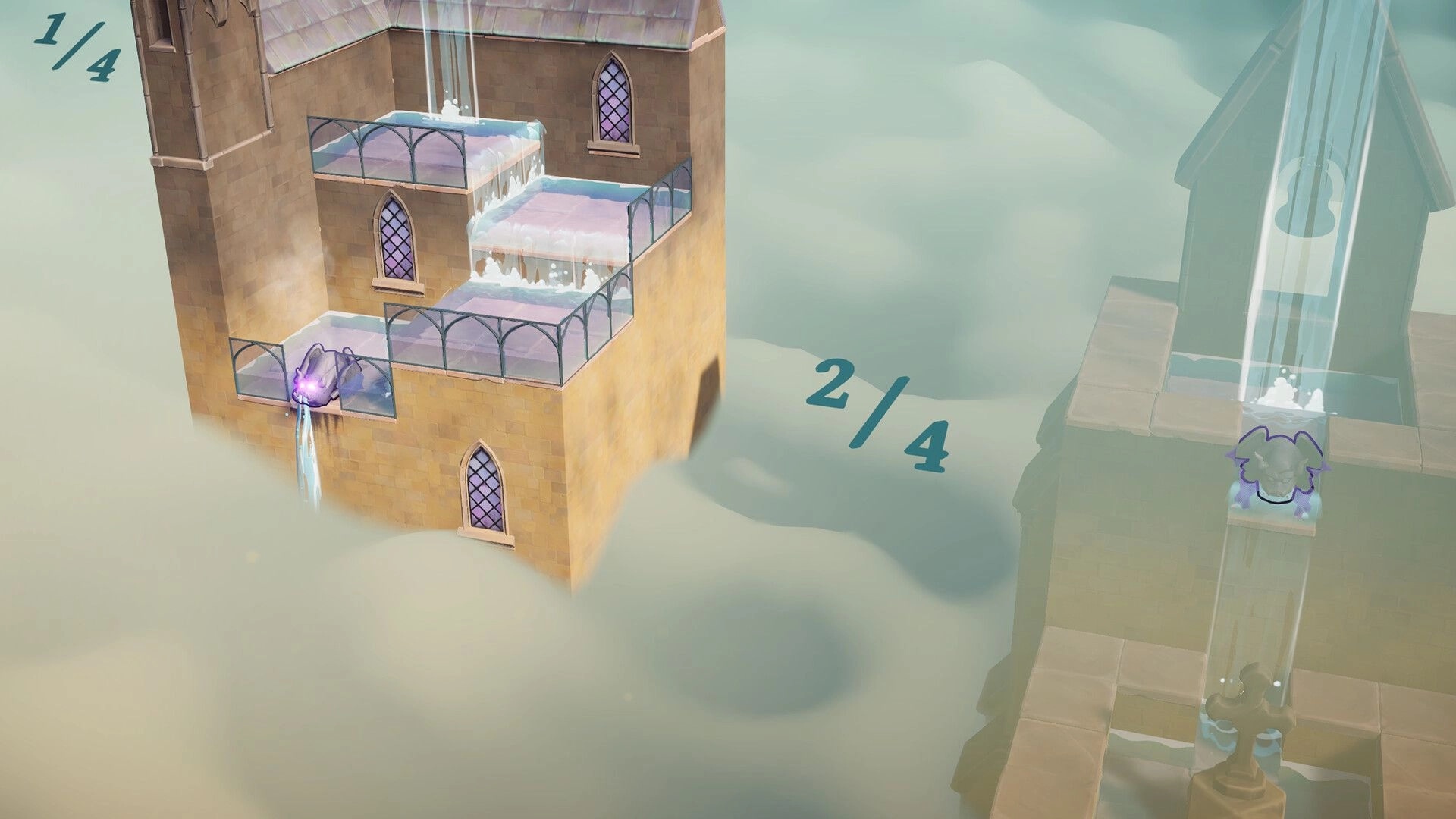 Outpour: Water cascades down tiered glass walkways on a cathedral tower above clouds, 1/4 and 2/4 UI.