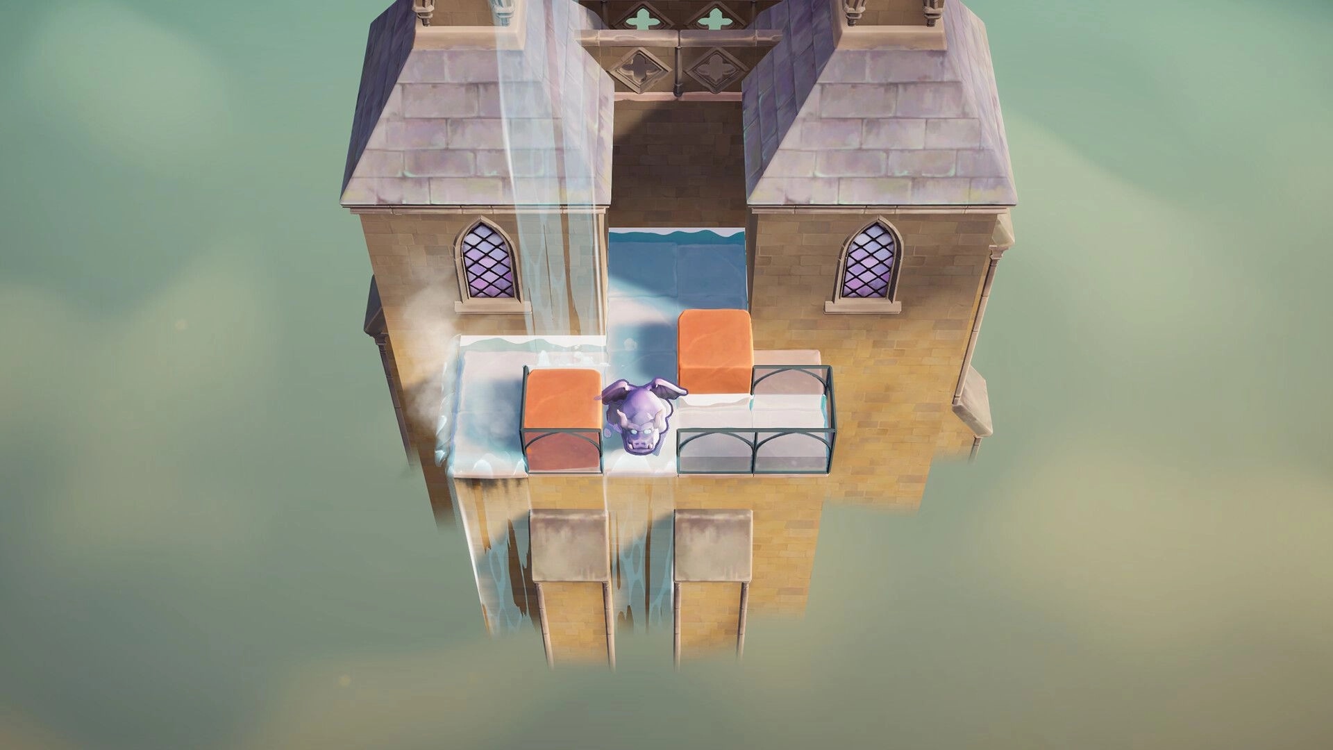 Outpour: Purple horned creature on tiled rooftop blocks as water streams between two cathedral towers.