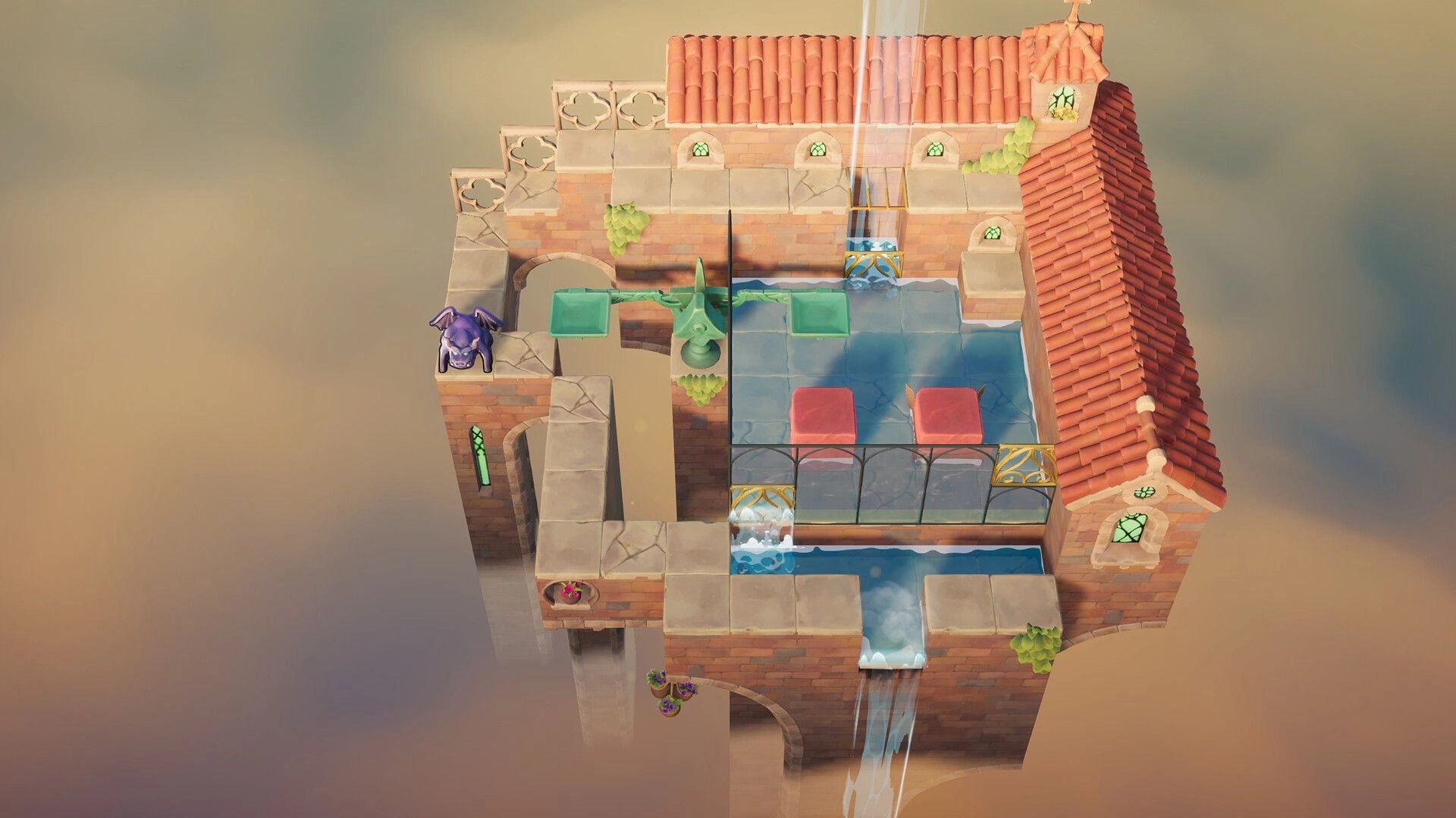 Outpour: Water channels over rooftop tiles with colored blocks and a purple gargoyle in foggy sky.