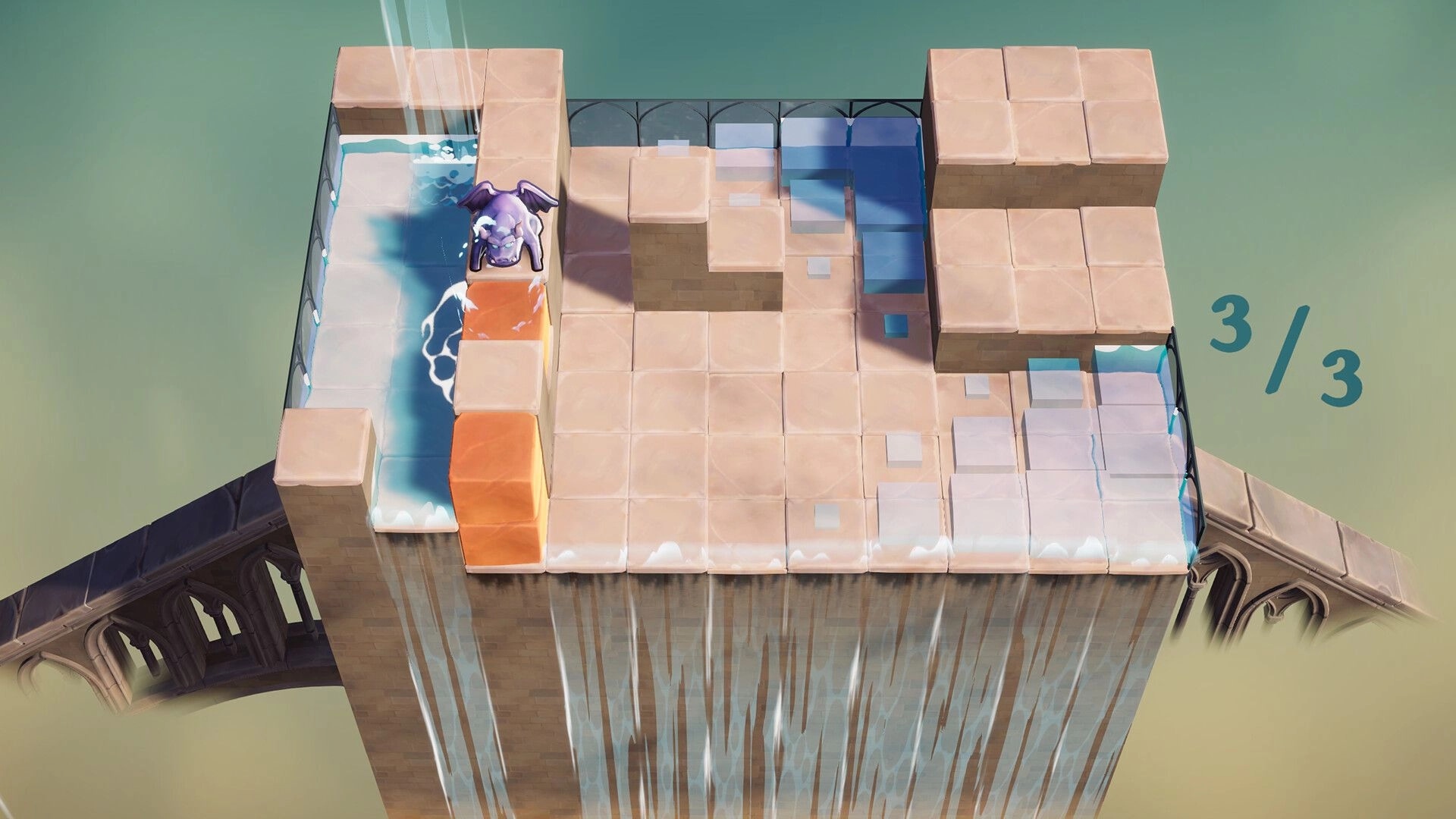 Outpour: Purple gargoyle blocks water on tiled rooftop puzzle, with level progress 3/3 on right.