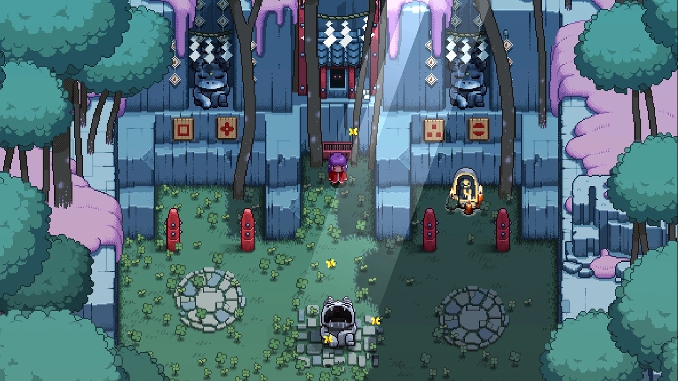 Outrider Mako: Mako stands before a mystical temple entrance surrounded by trees and glowing symbols.