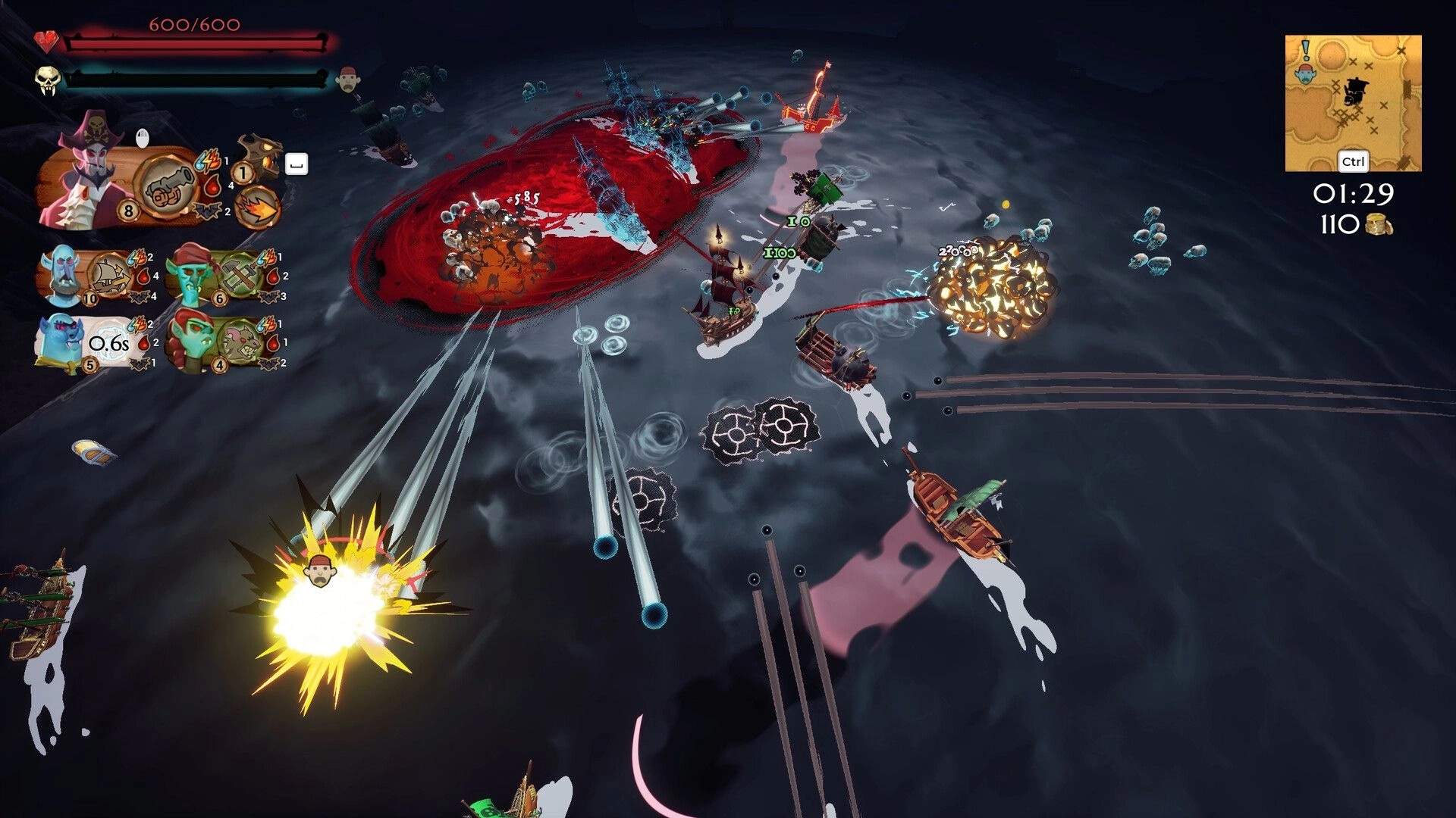 Outsail The Sun: Ship battle with explosions and blood-red whirlpool on dark ocean, crew UI and map.