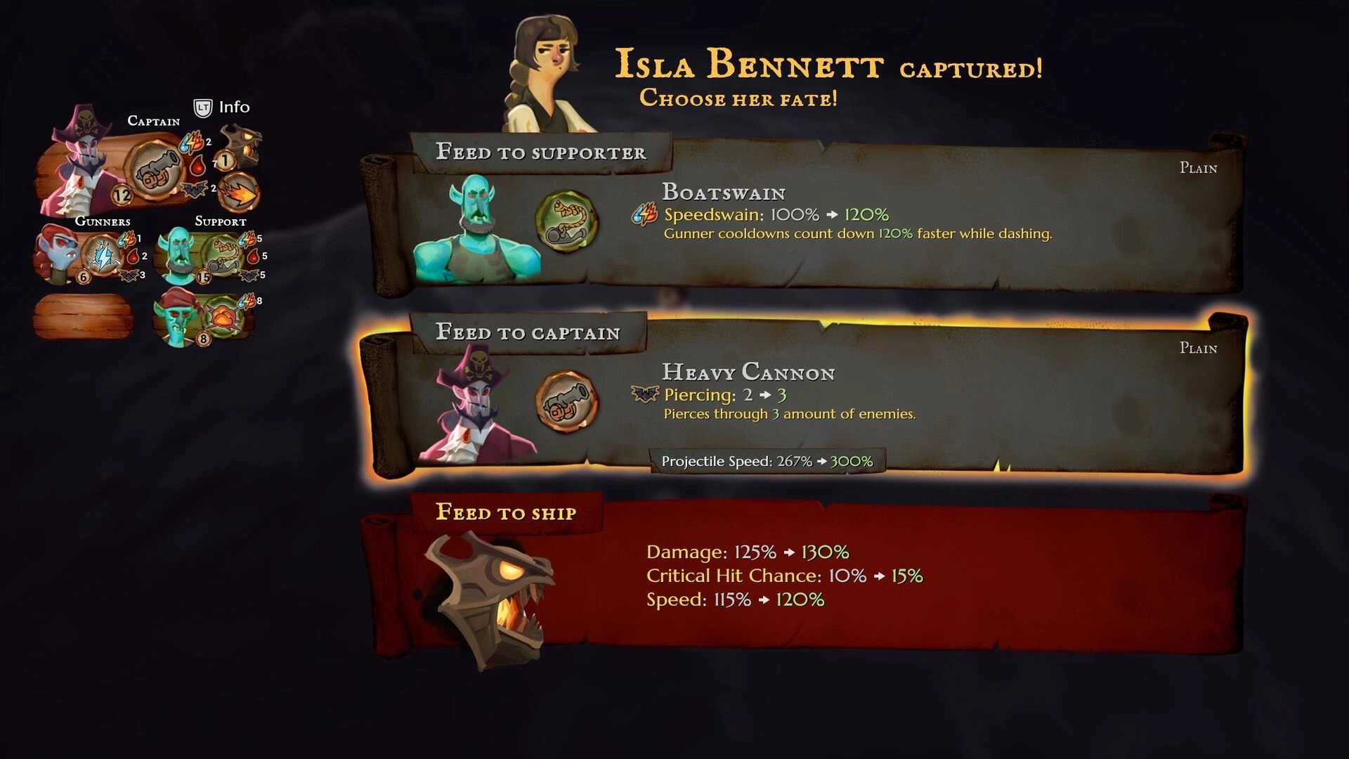Outsail The Sun: Isla Bennett captured choice screen with feed to supporter/captain/ship upgrade panels.