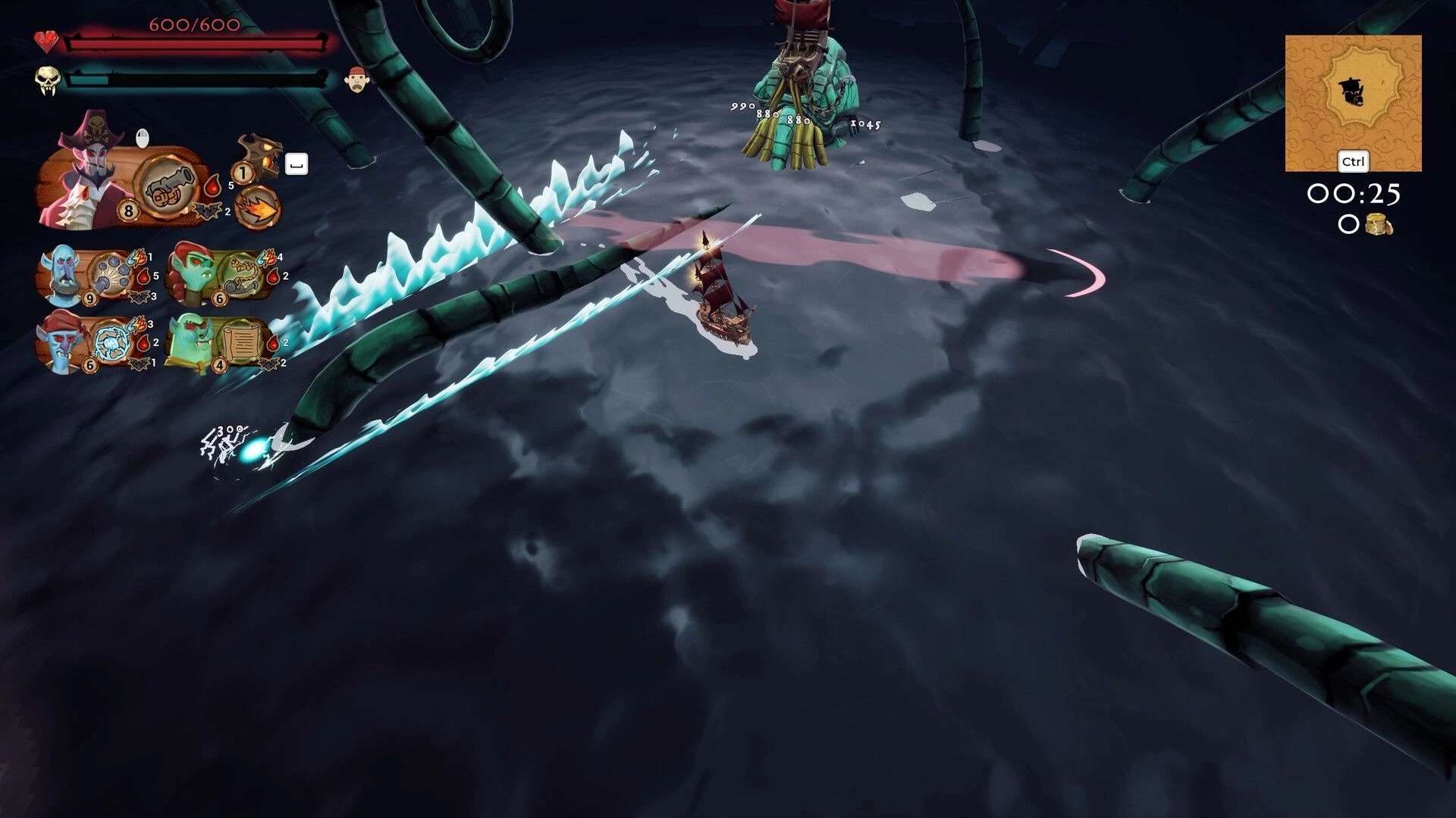 Outsail The Sun: Ship dodges tentacles and icy wake on dark sea, crew cards and minimap UI visible.