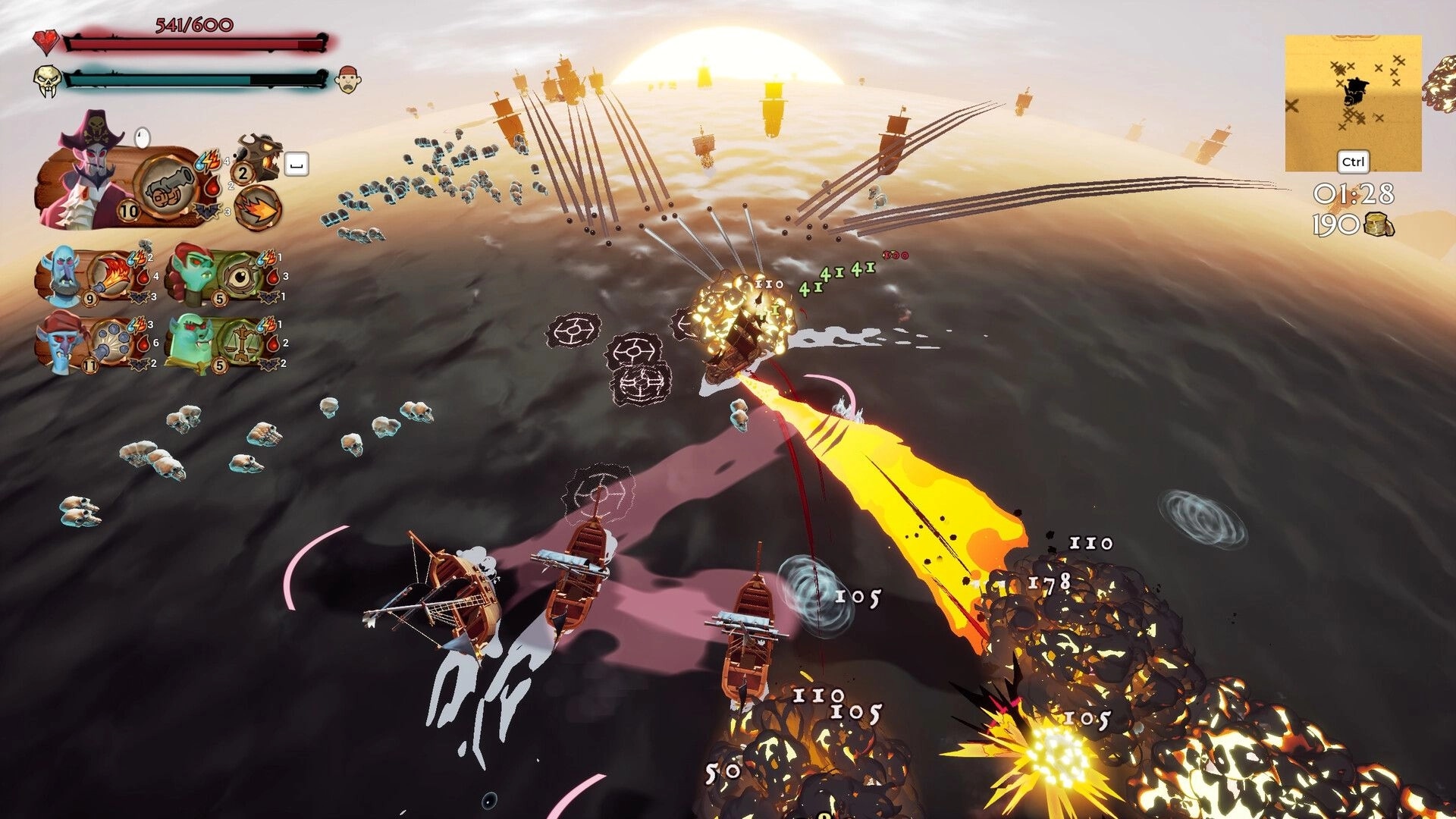 Outsail The Sun: Ship firing on enemy boats with explosions, crew cards and minimap over sunset sea.