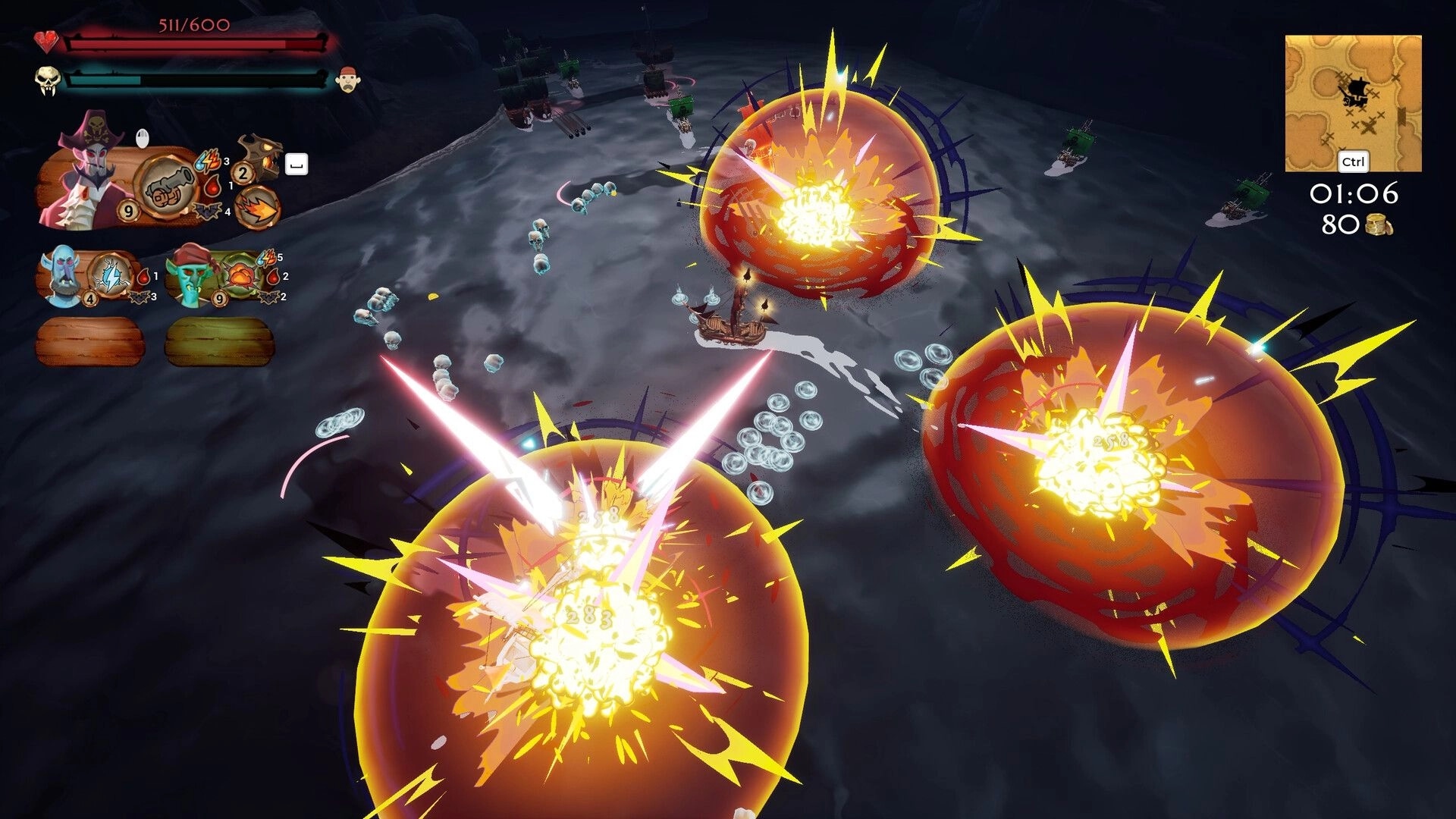 Outsail The Sun: Ship triggers huge explosions amid enemy boats on dark seas with HUD and minimap.