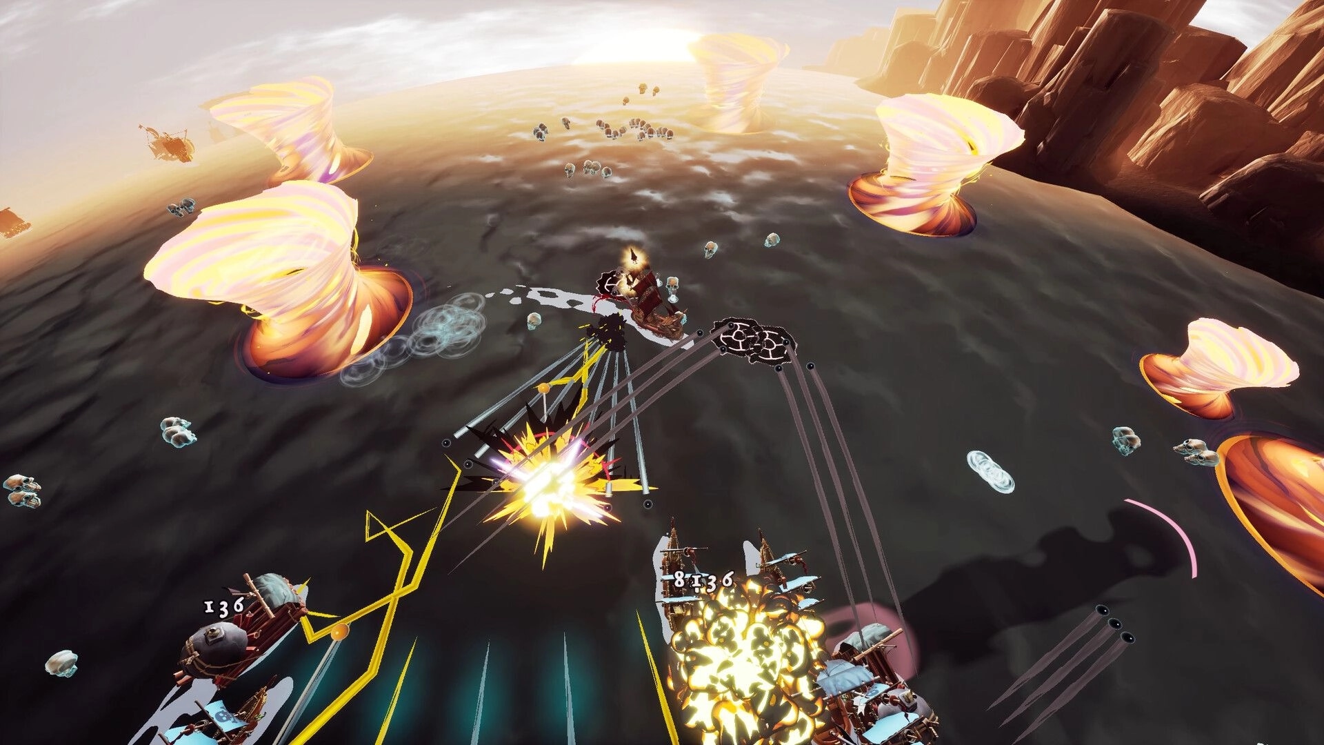 Outsail The Sun: Ship battle amid glowing whirlpools on open sea, explosions and damage numbers near cliffs.