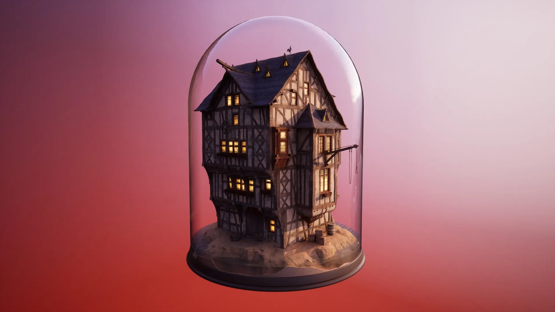 Outside the Blocks: Intricate medieval house diorama encased in glass with warm interior lighting