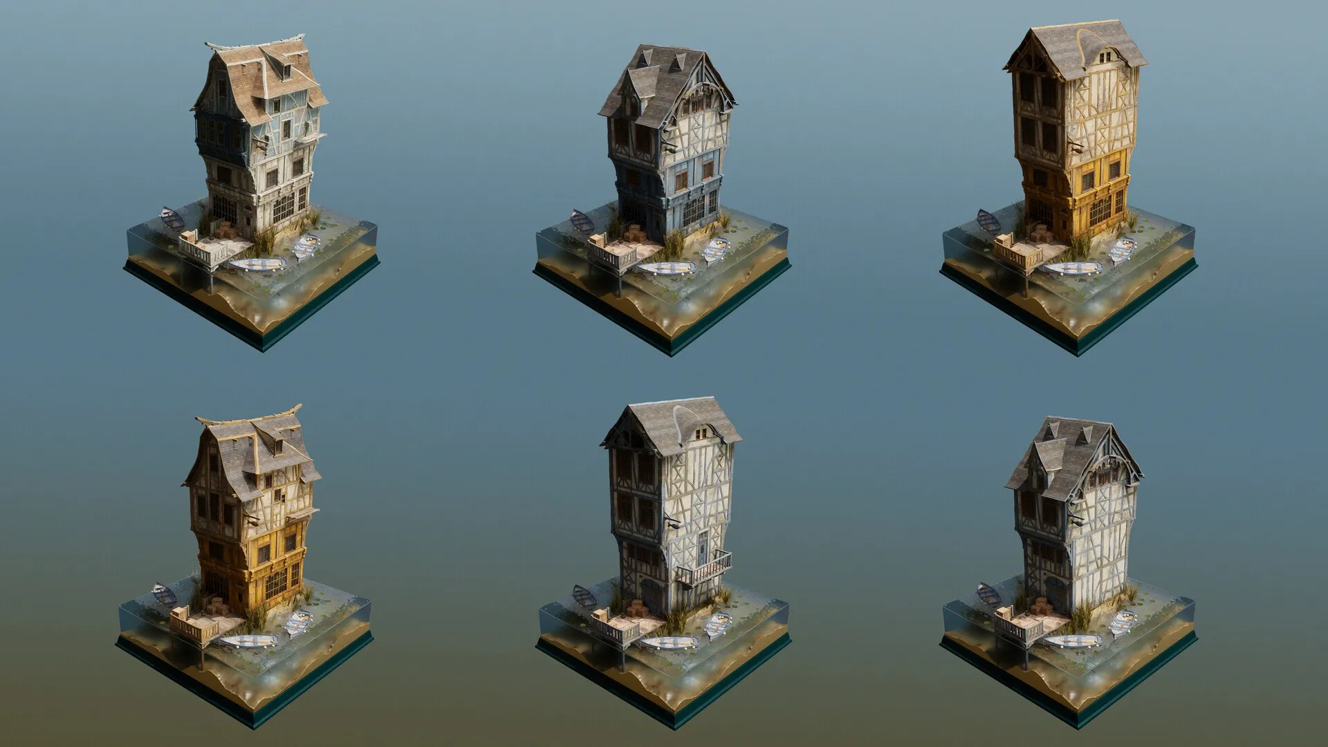 Outside the Blocks: Six modular houses displayed on individual terrains in a grid pattern.