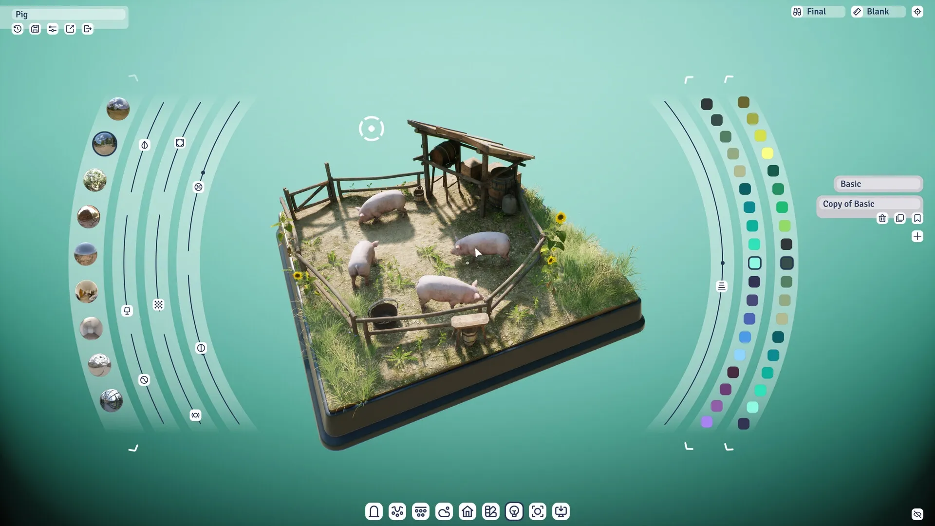 Outside the Blocks: Diorama with pigs in a fenced area, UI elements for terrain and color selection visible