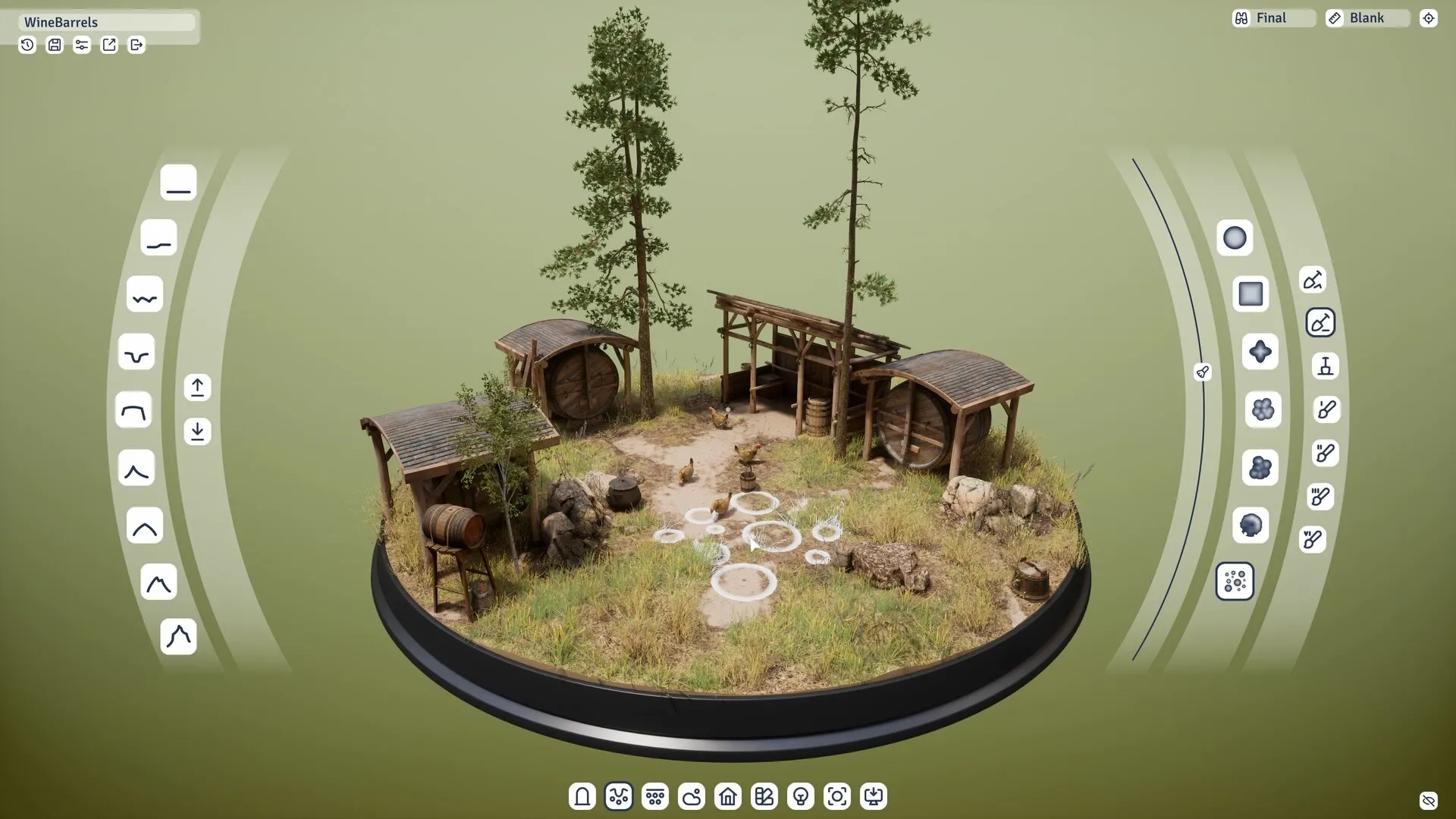 Outside the Blocks: Diorama building with modular houses and trees in a grassy environment with tools.