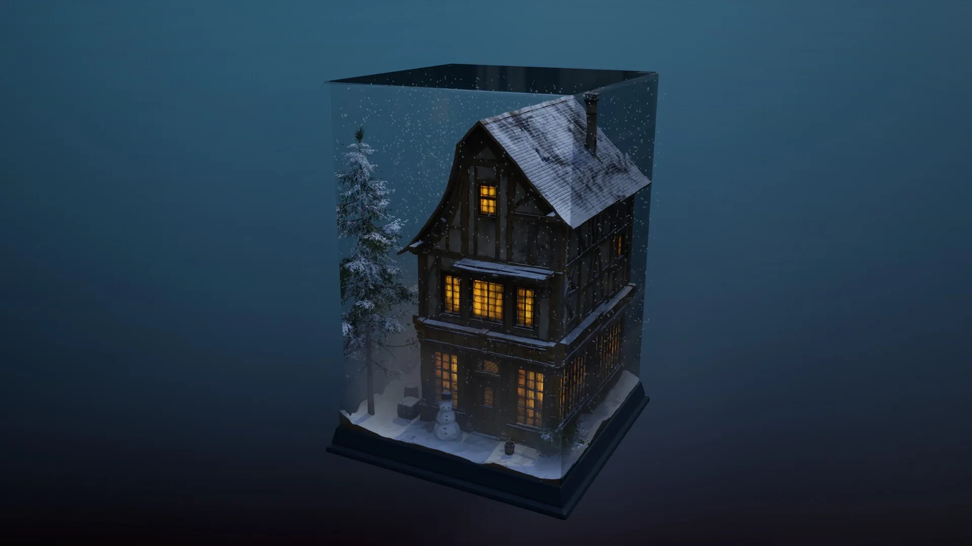 Outside the Blocks: Snowy diorama with a wooden house and snowman inside a glass display case