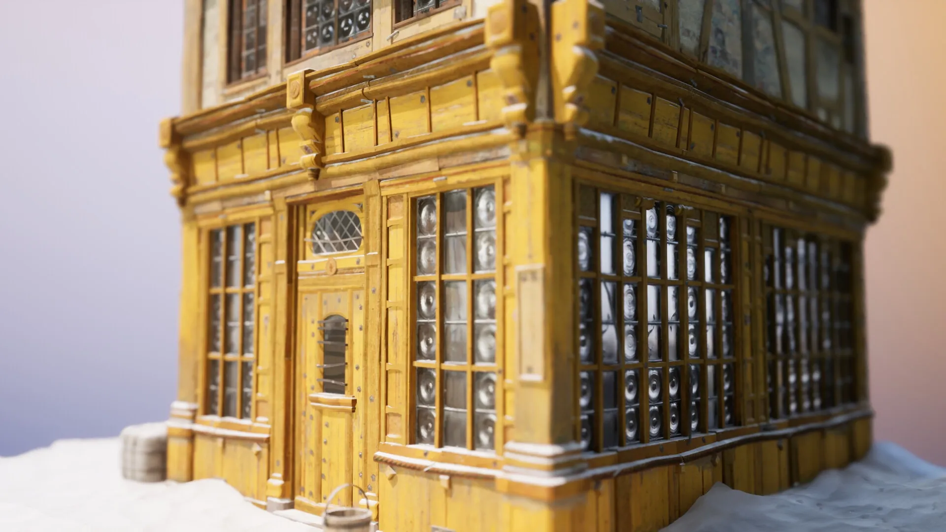 Outside the Blocks: Detailed wooden house model with large windows set in snowy landscape