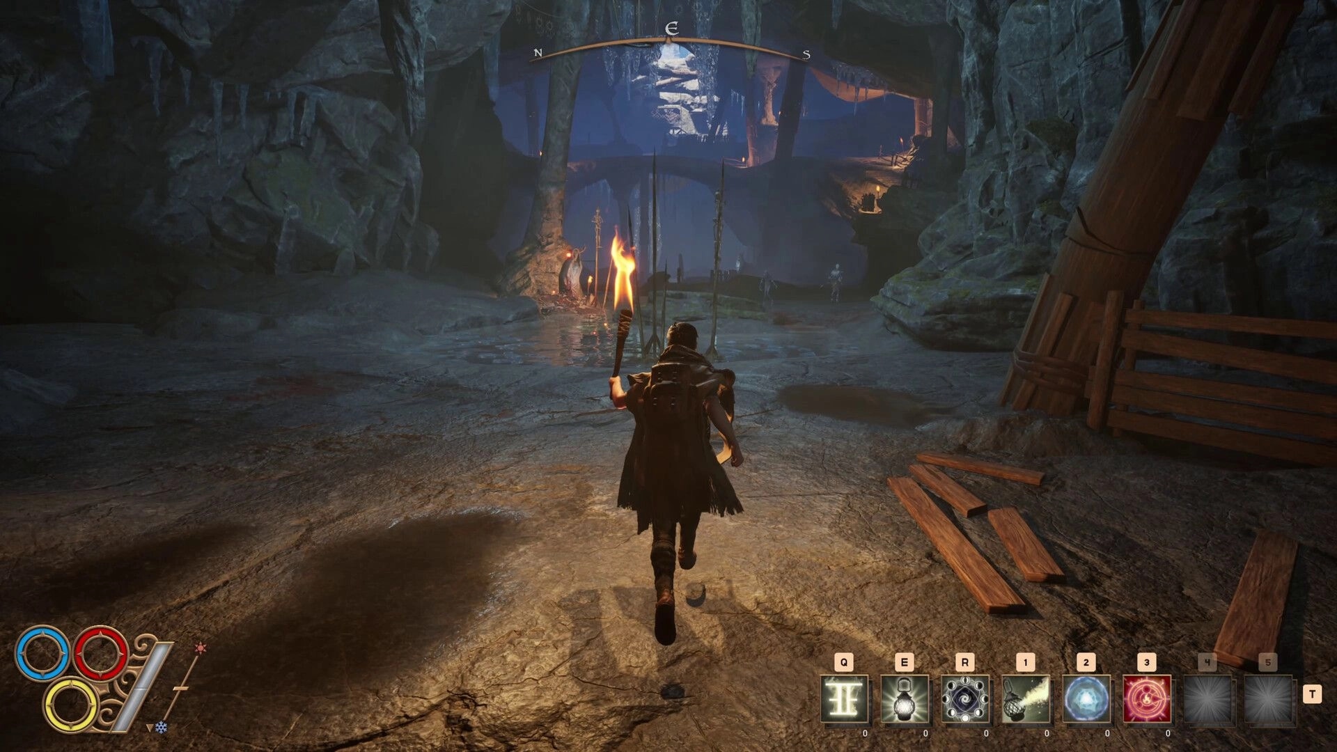 Outward 2: Character exploring a cave with torch in hand, visible UI elements and mystical symbols
