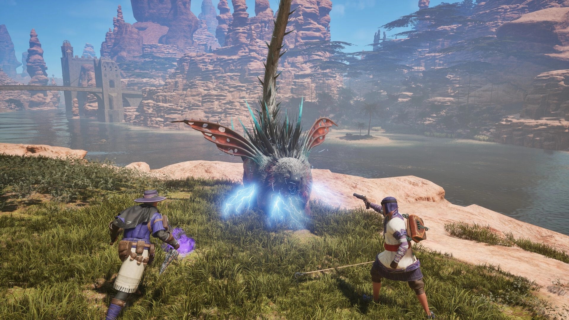 Outward 2: Two players engage a large creature with electric aura in a desert landscape near a river.