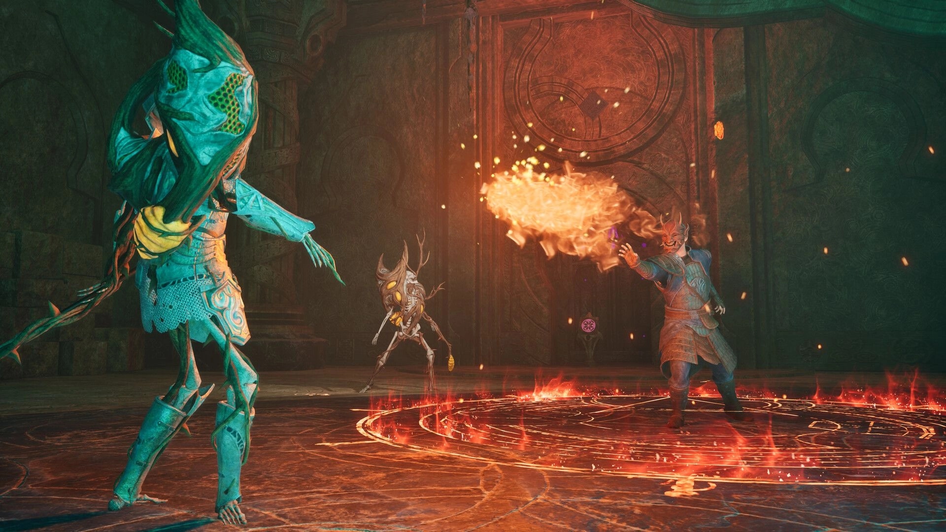 Outward 2: Player casting fire spell in dungeon against two mystical creatures
