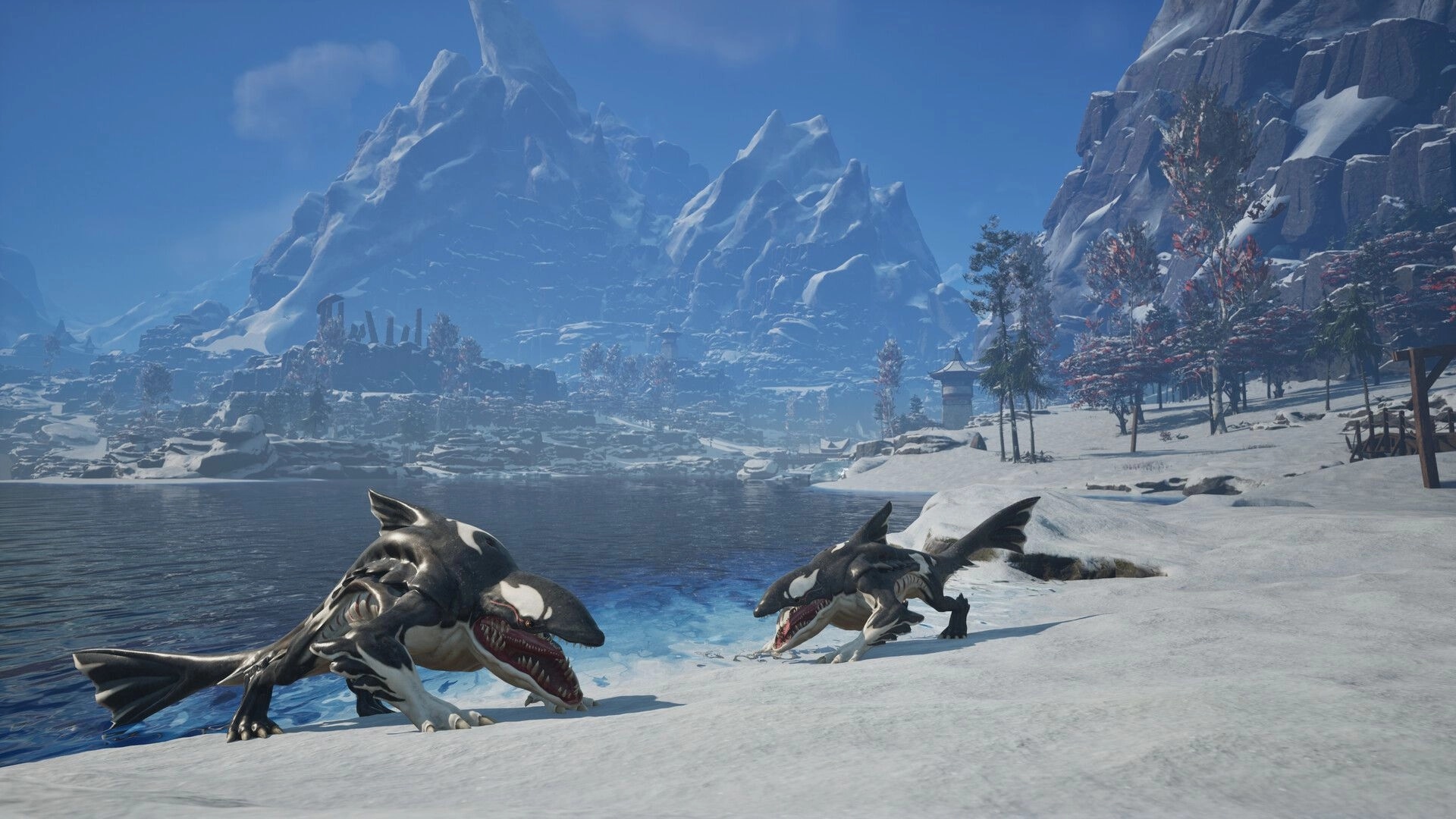 Outward 2: Two creatures roam snowy landscape by a lake with towering mountains in the background