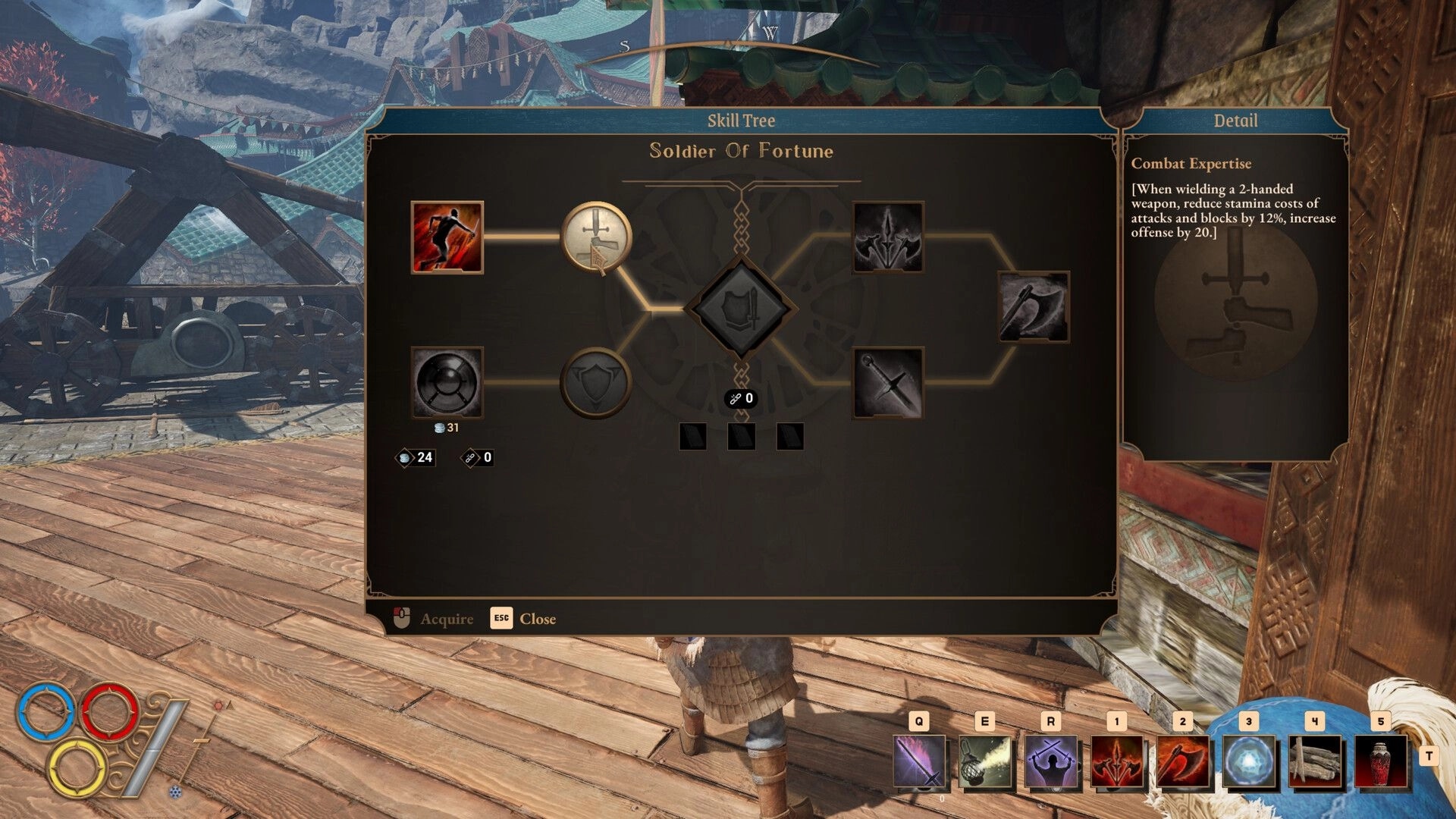 Outward 2: Skill tree interface for Soldier of Fortune class on wooden deck with mountains in background
