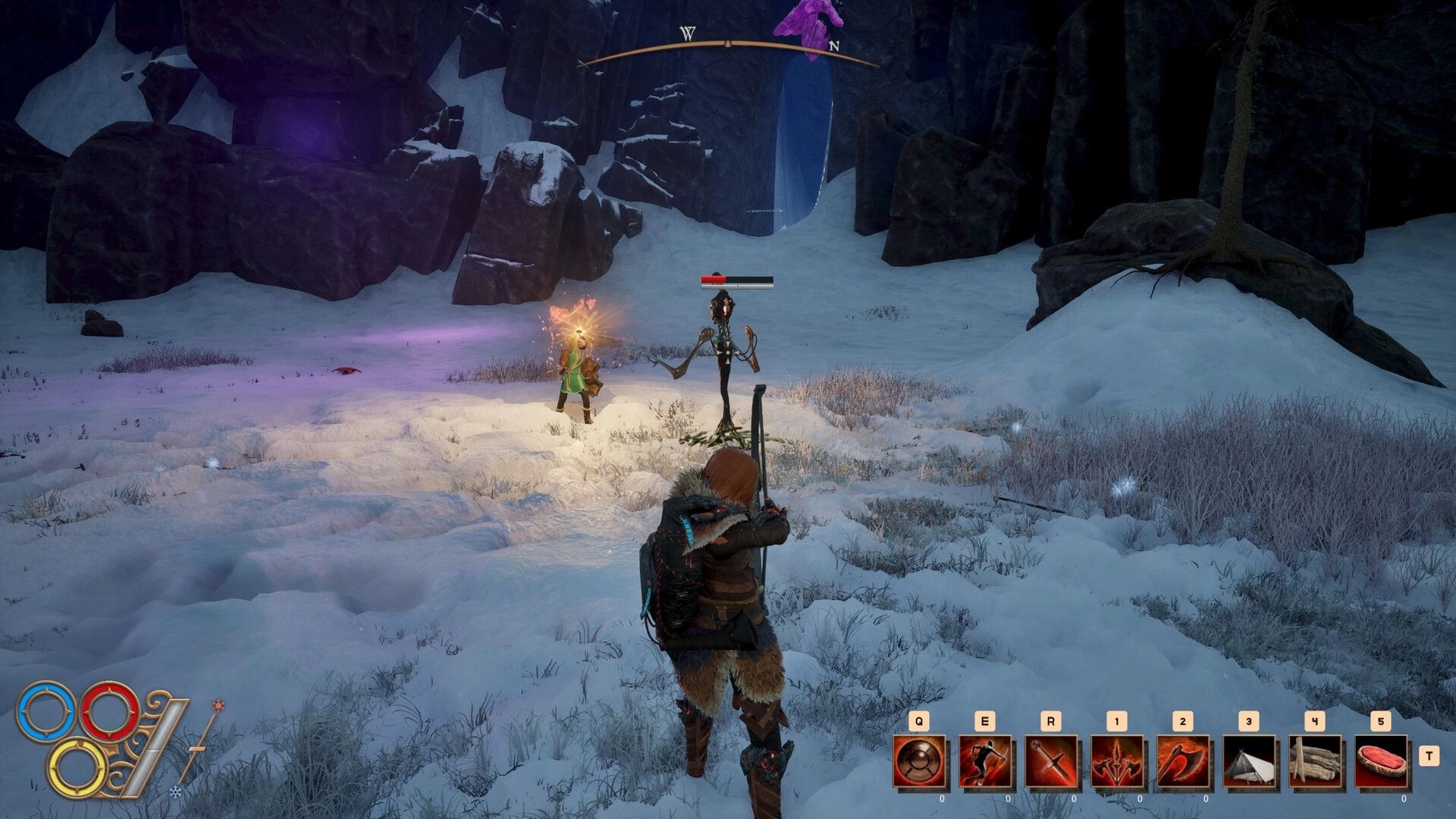 Outward 2: Player aiming at skeletal enemy in snowy terrain, with action bar visible at the bottom.