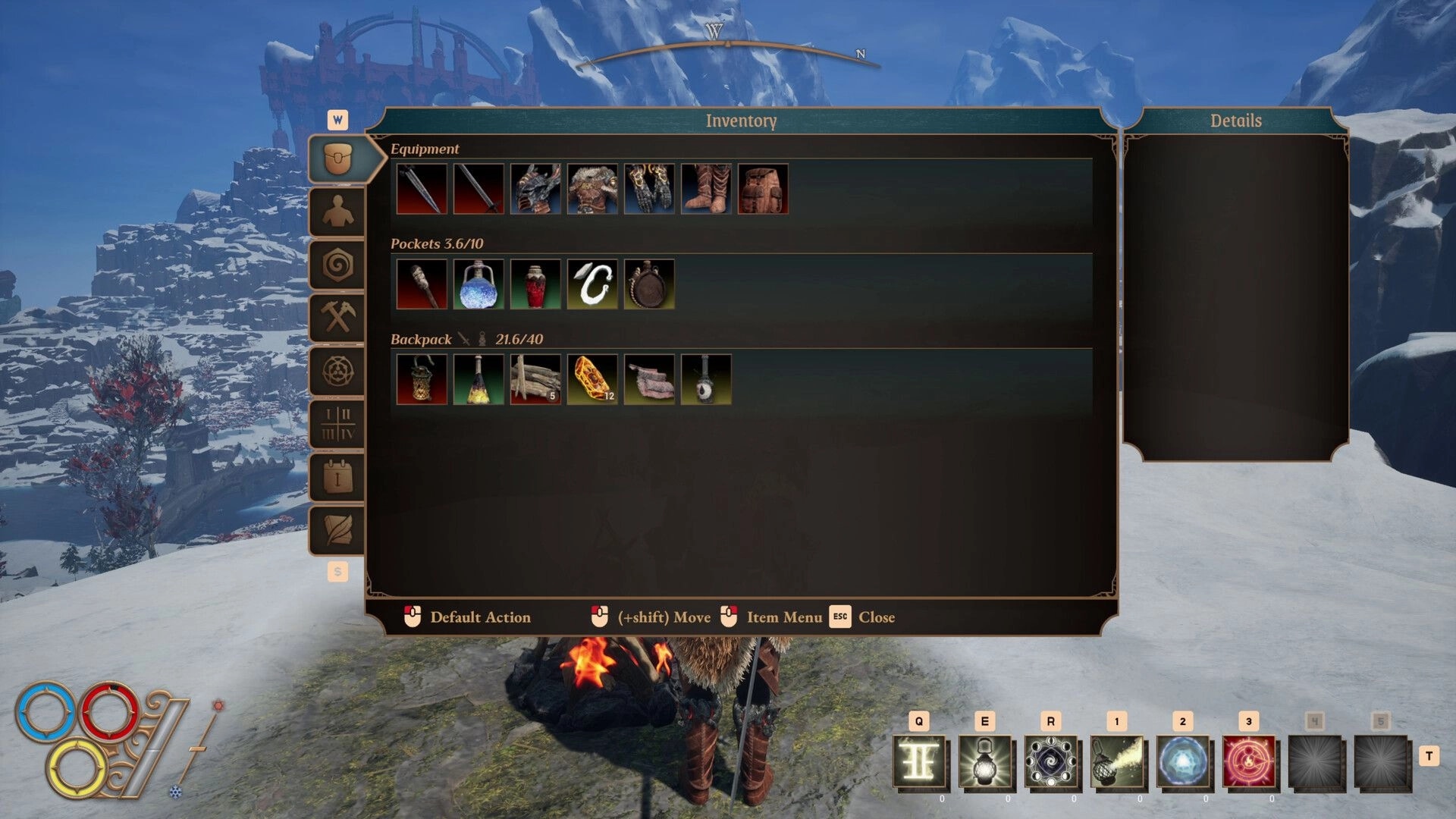 Outward 2: Inventory menu open on snowy mountain landscape with visible character and campfire below.