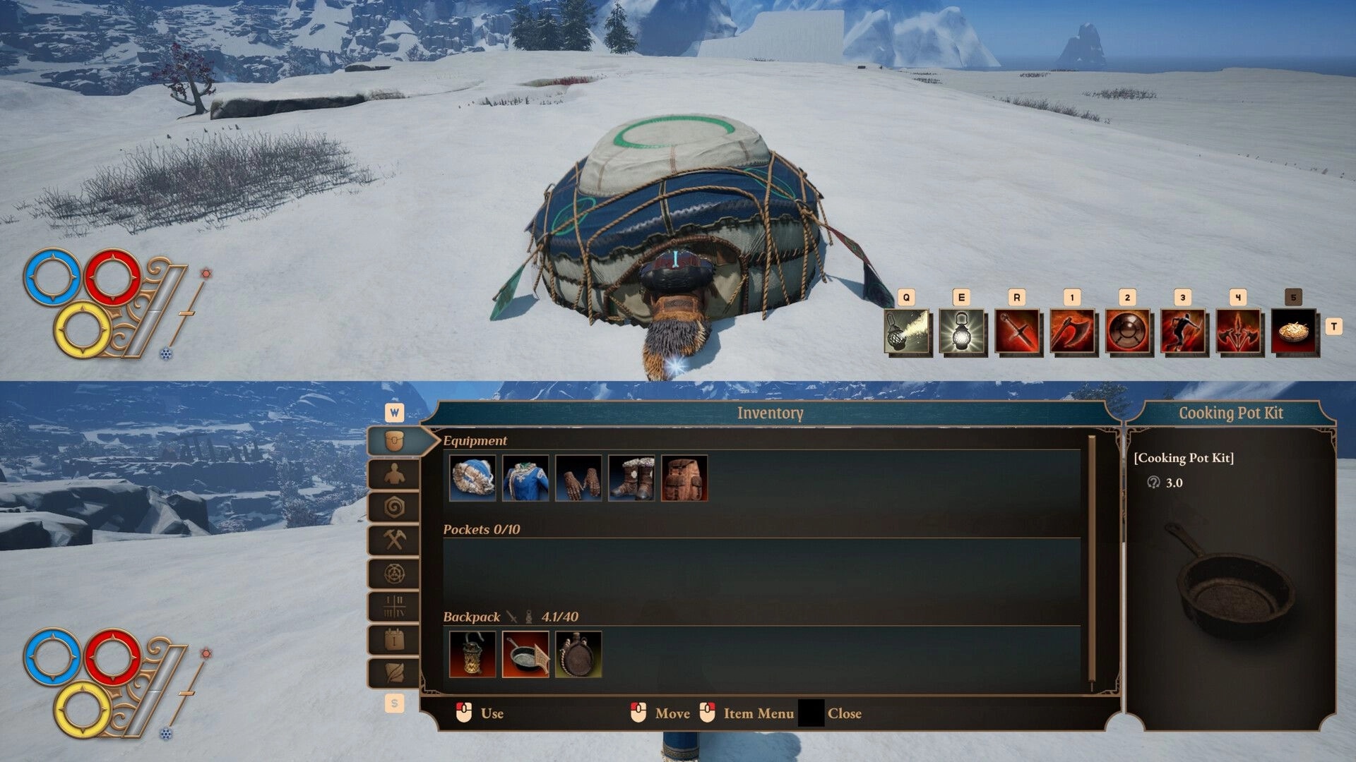 Outward 2: Inventory menu open with cooking pot kit in snowy mountain landscape