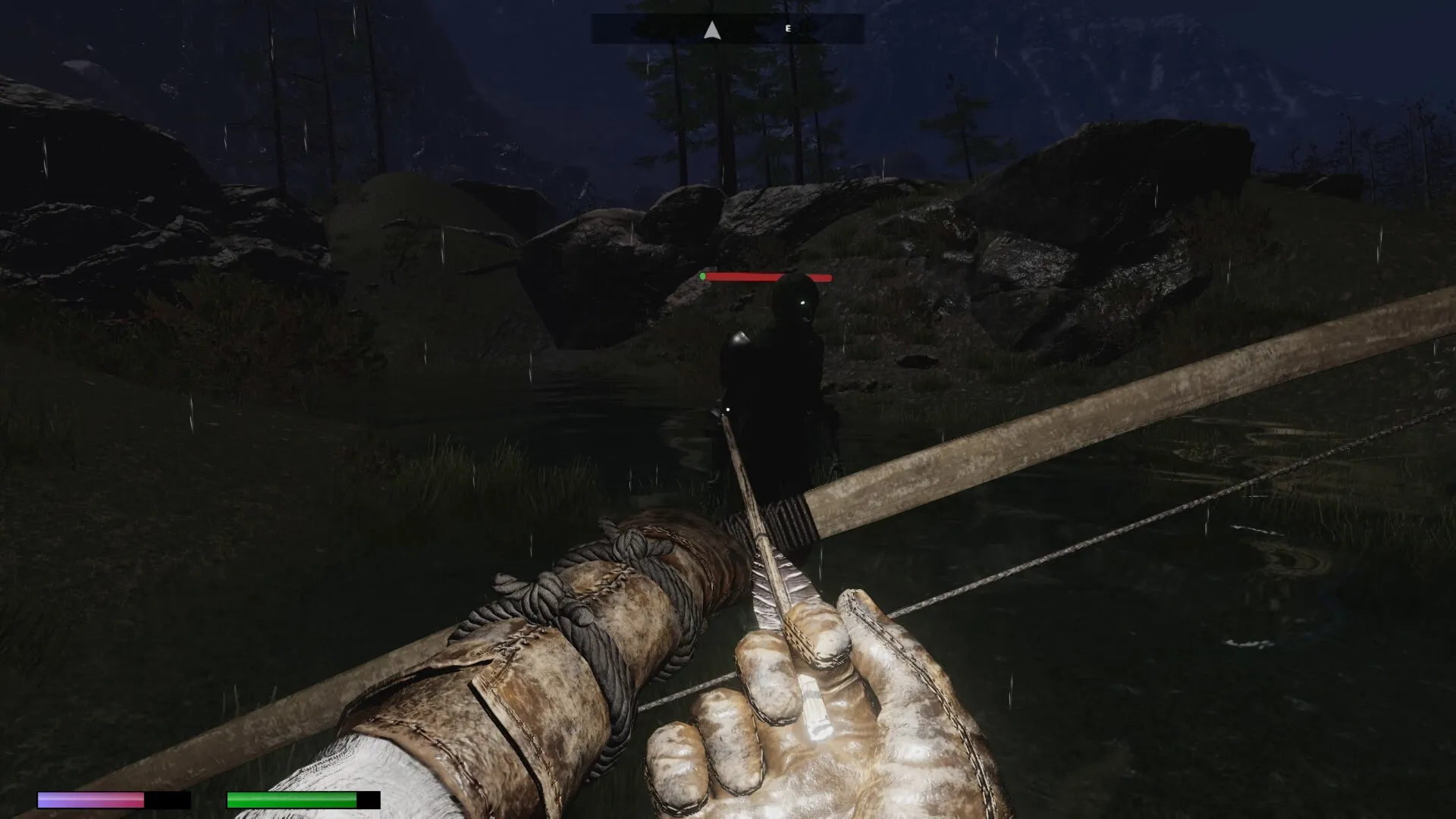 Outwith: Aiming a bow at a shadowy enemy in a rainy, dark forest clearing at night.
