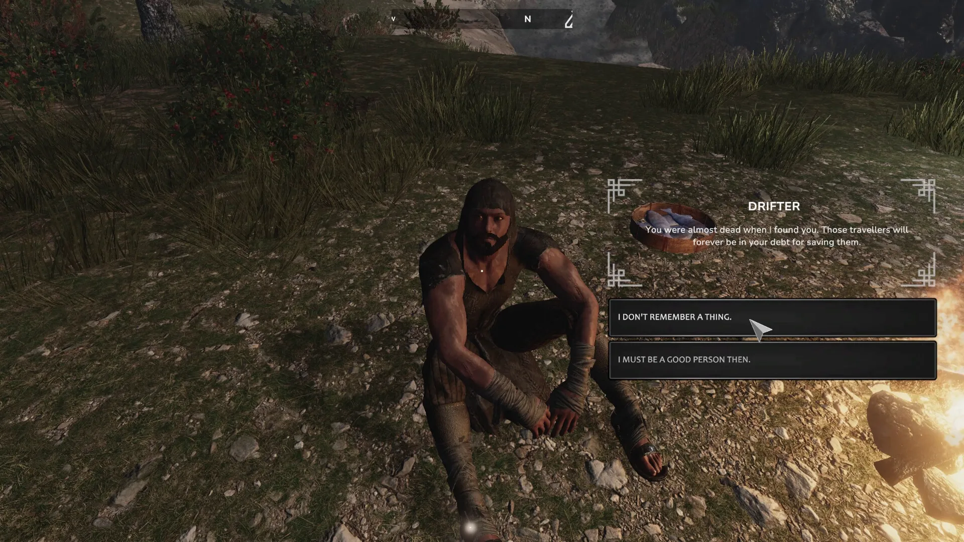 Outwith: Dialogue with drifter by campfire in grassy field with player response options visible