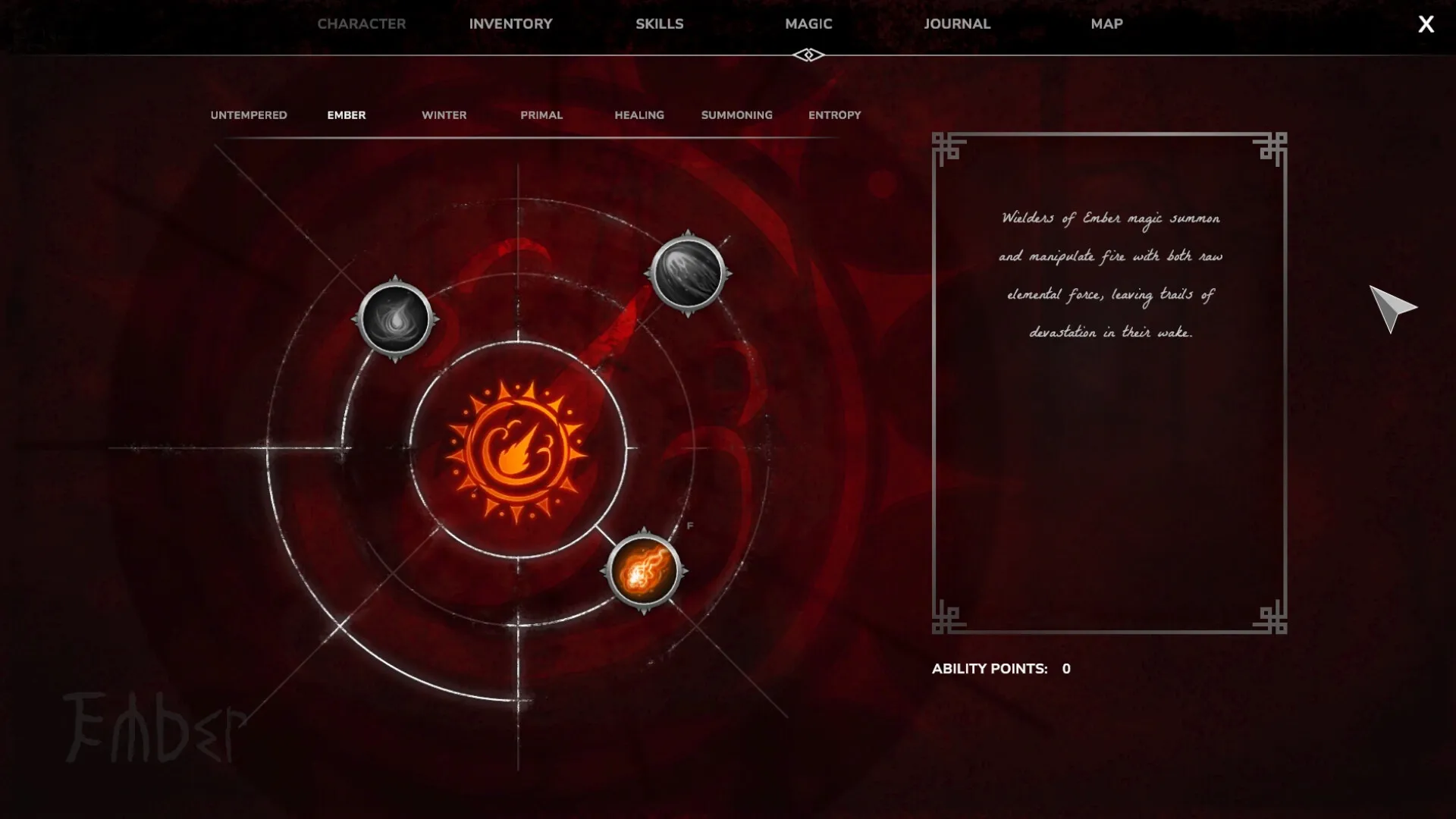 Outwith: Ember magic skill tree with fiery symbols and ability description in a dark red interface