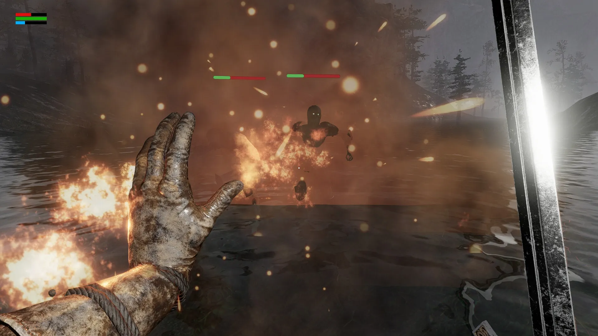 Outwith: Casting fire spell at shadowy enemies in misty lakeside setting with health bars visible