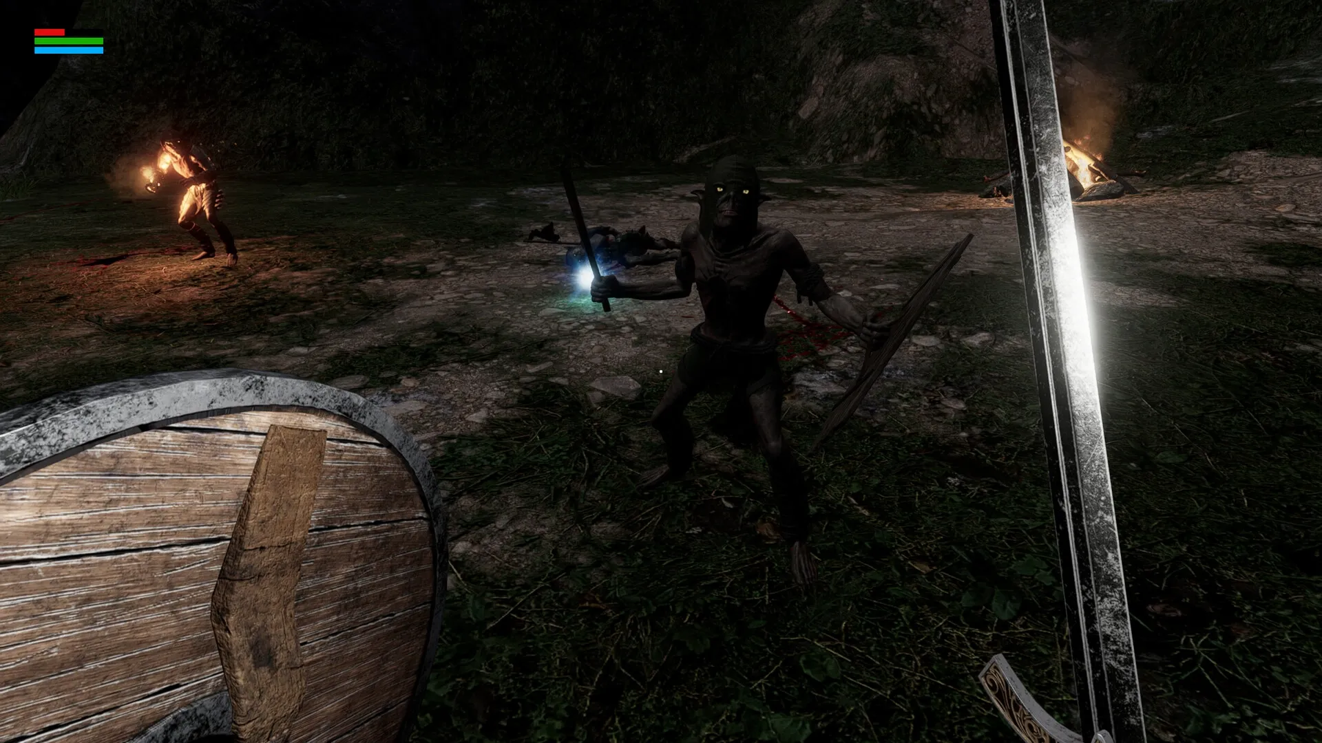 Outwith: First-person combat with sword and shield against goblin at night in forest clearing