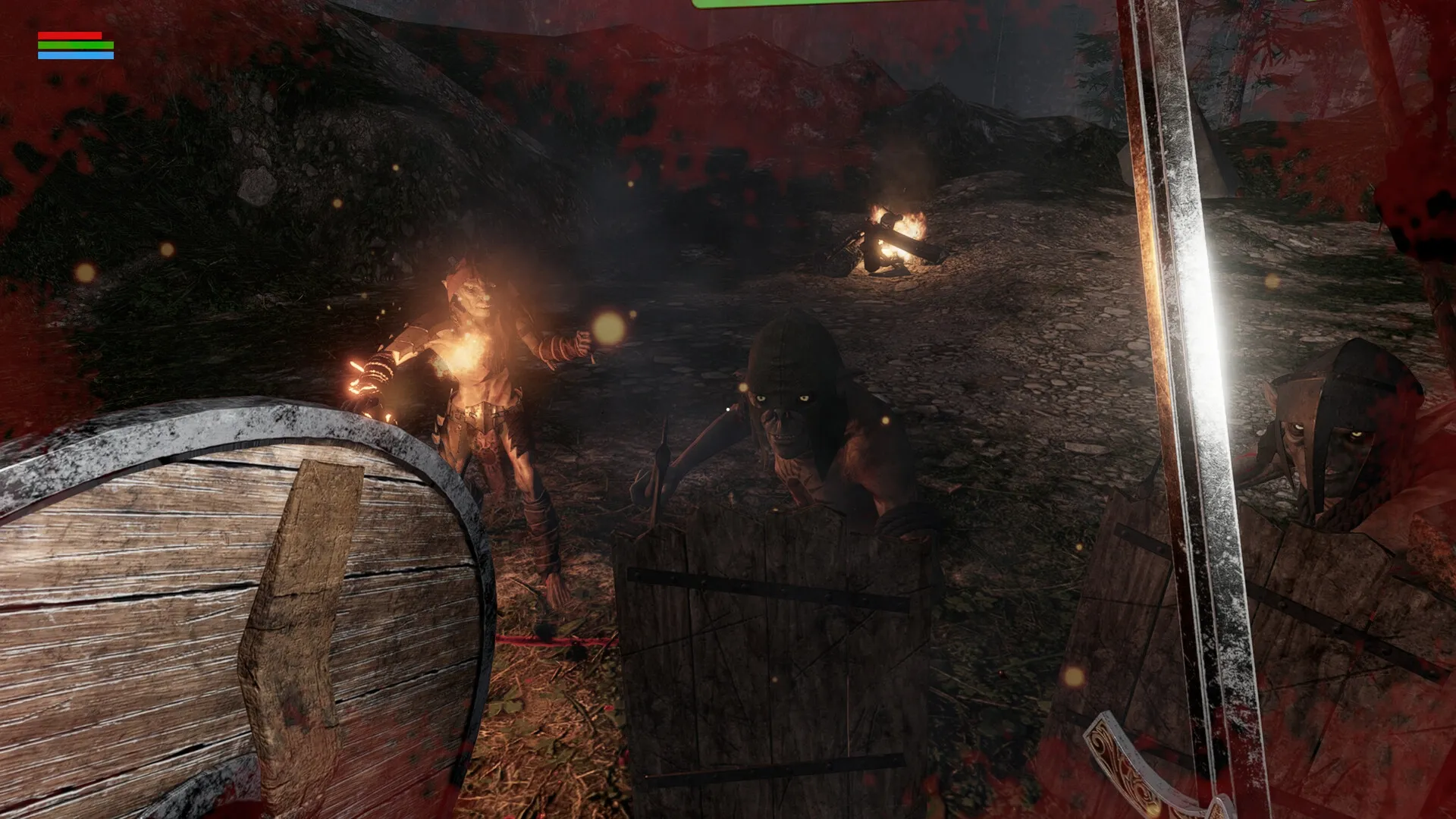 Outwith: First-person combat with goblins while wielding sword and shield in a dark, wooded area.