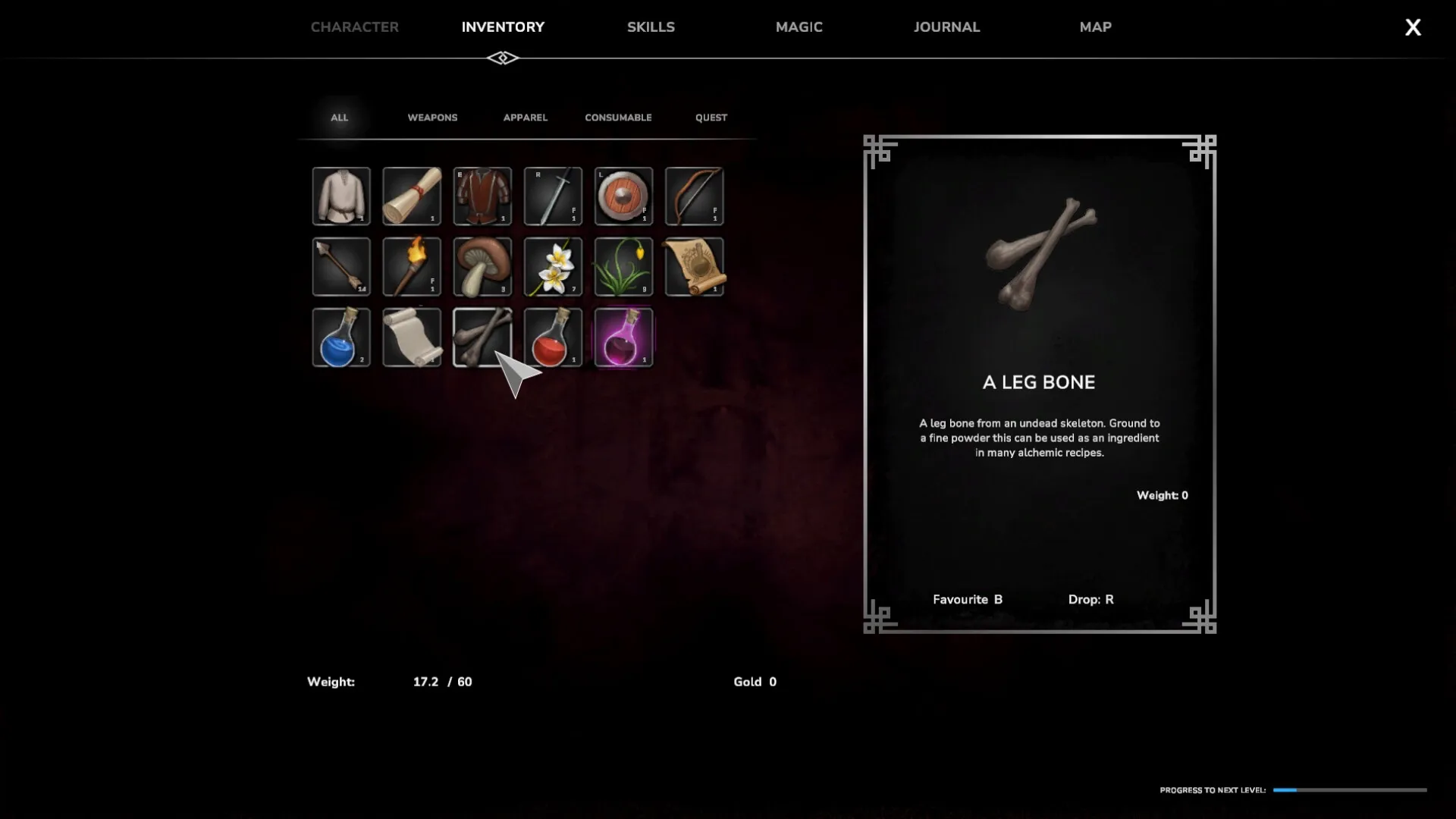 Outwith: Inventory menu showing various items with detailed description of a leg bone on the right