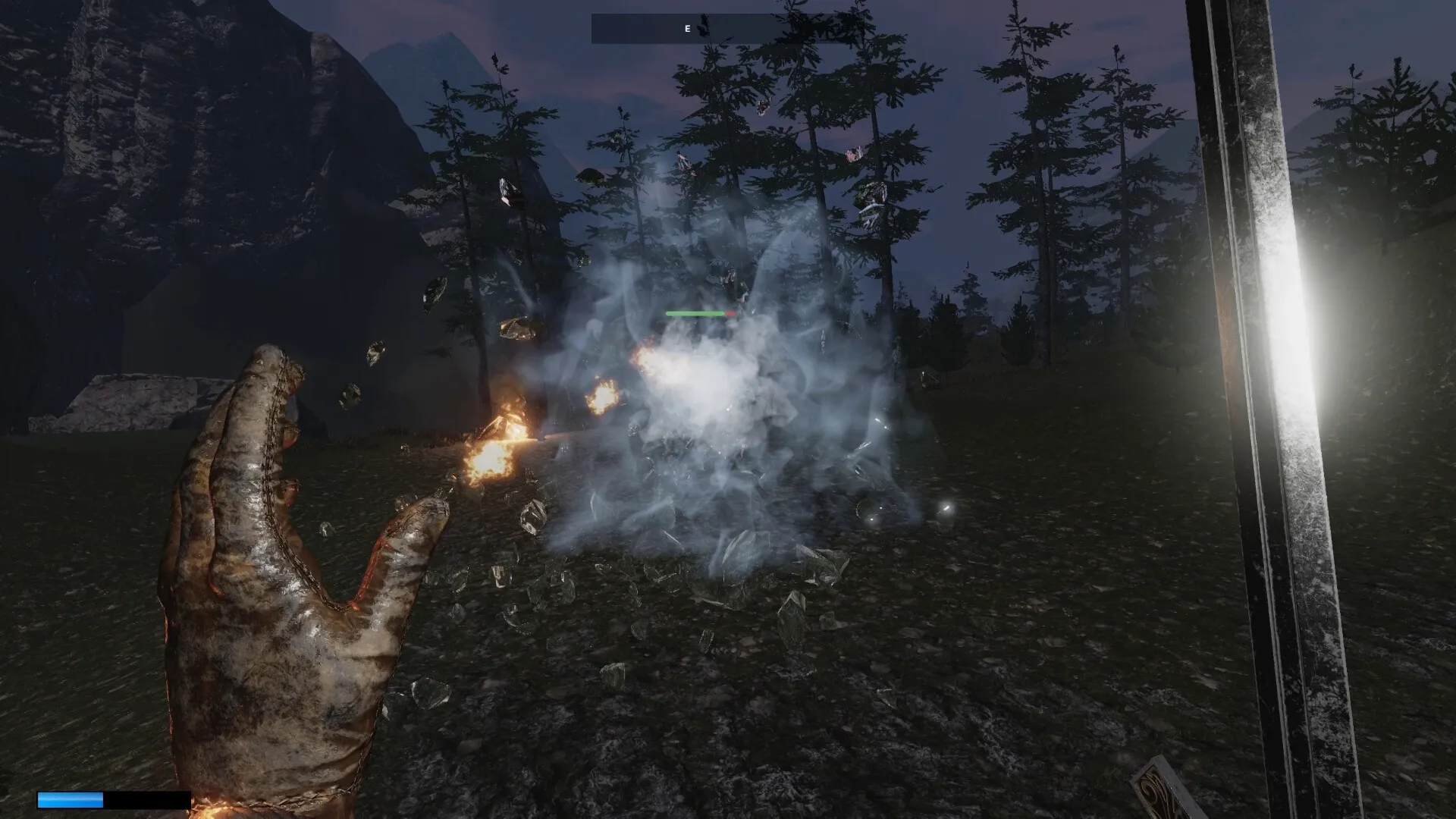 Outwith: Player casts fire spell at enemy in a dark forest clearing with health bar and sword visible