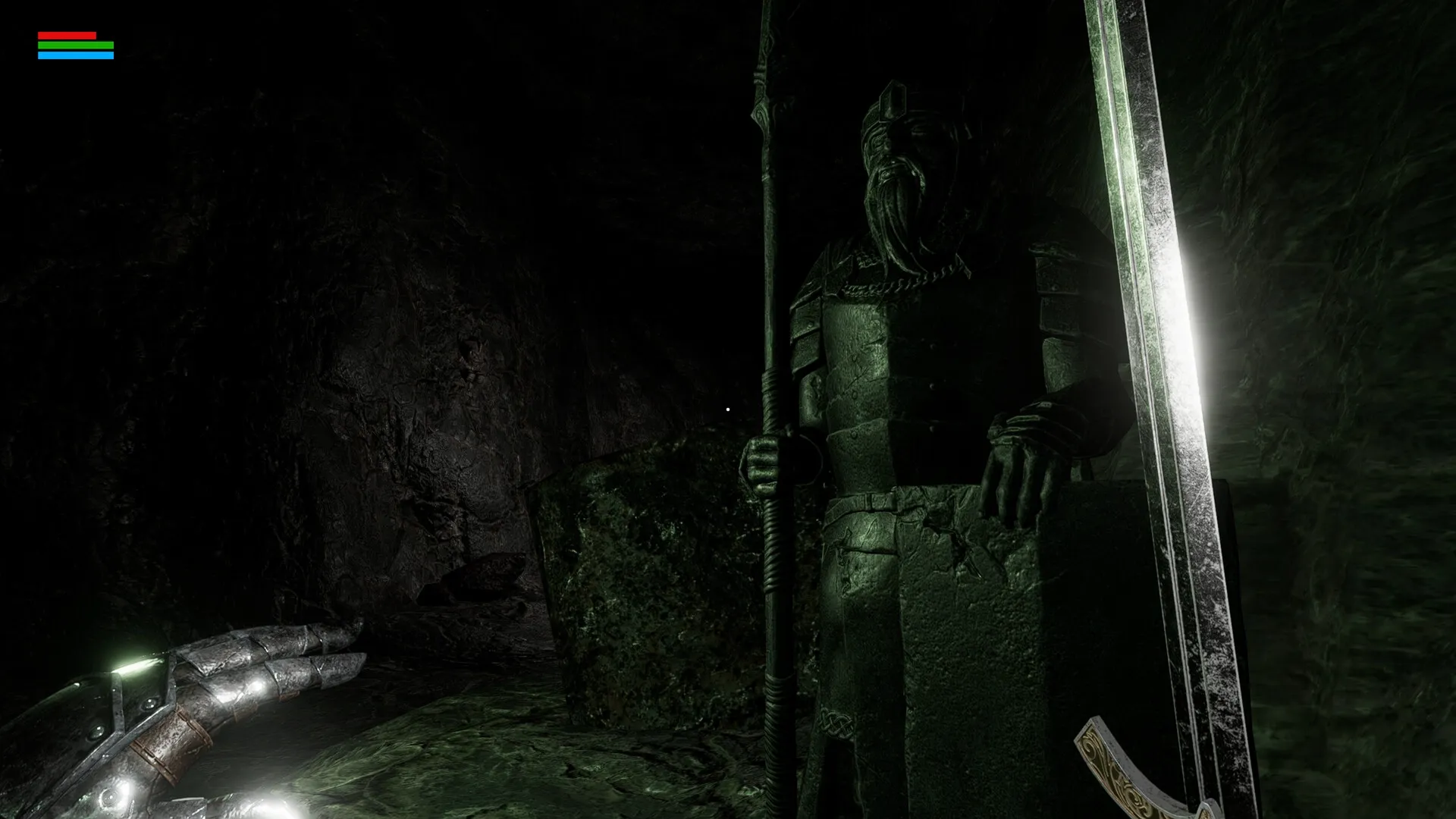 Outwith: Player explores dark cave with metal gauntlet, ancient statue, and glowing sword visible