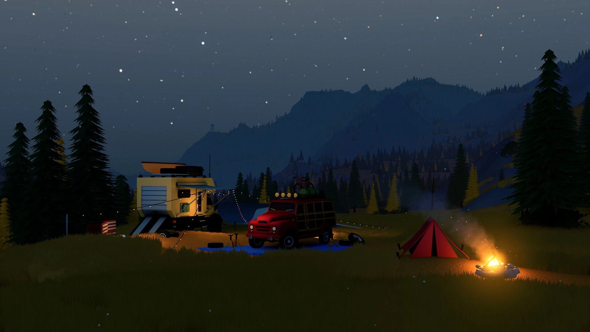 over the hill: parked red offroad wagon and camper by a lit campfire under starry mountain forest night.