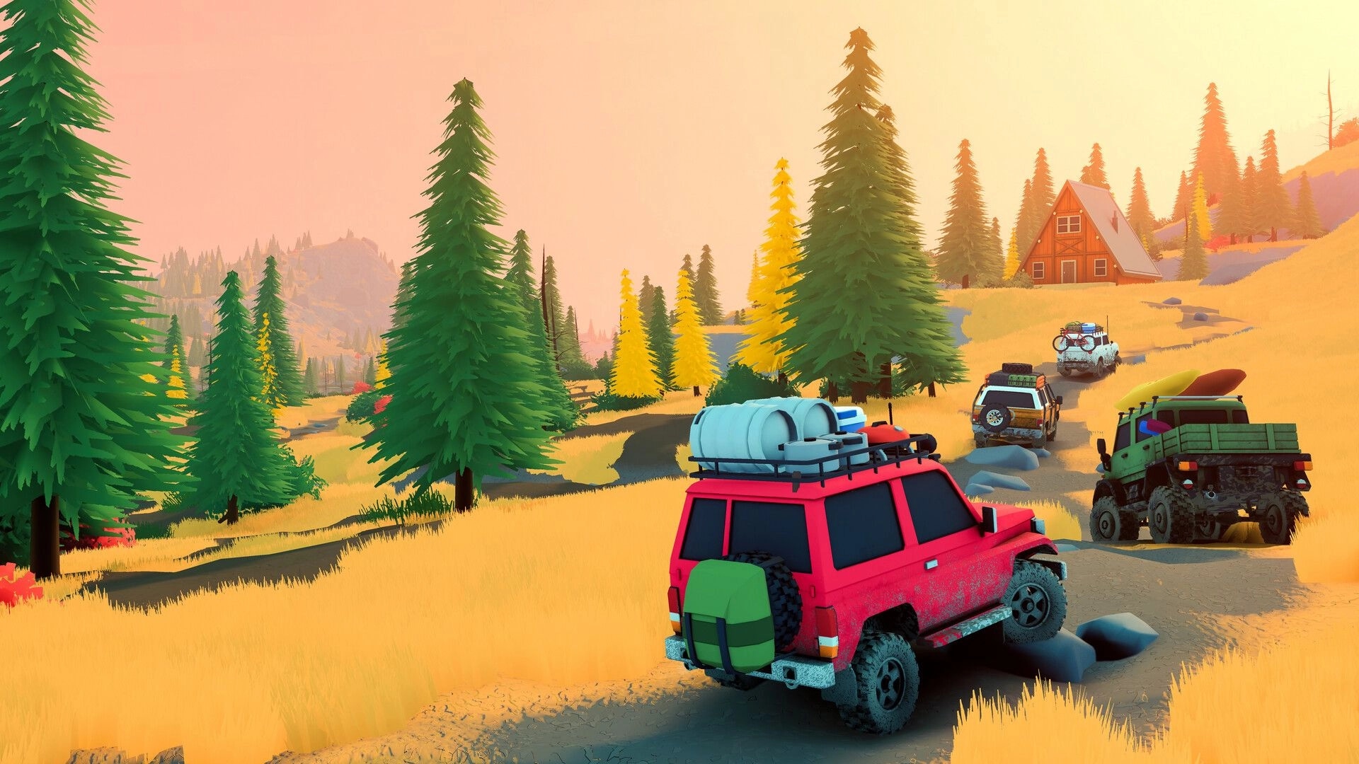 over the hill: convoy of offroad trucks on a dirt trail past pines and a cabin at sunset.