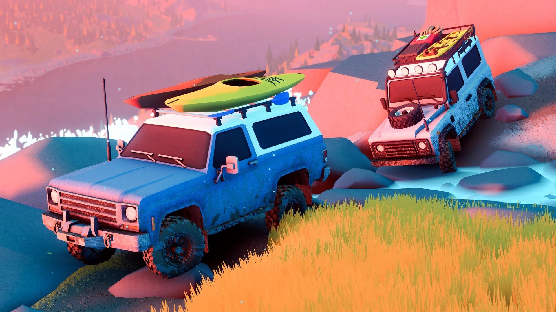 over the hill: Two off-road SUVs with roof cargo and kayaks parked on rocky coastal trail at sunset.